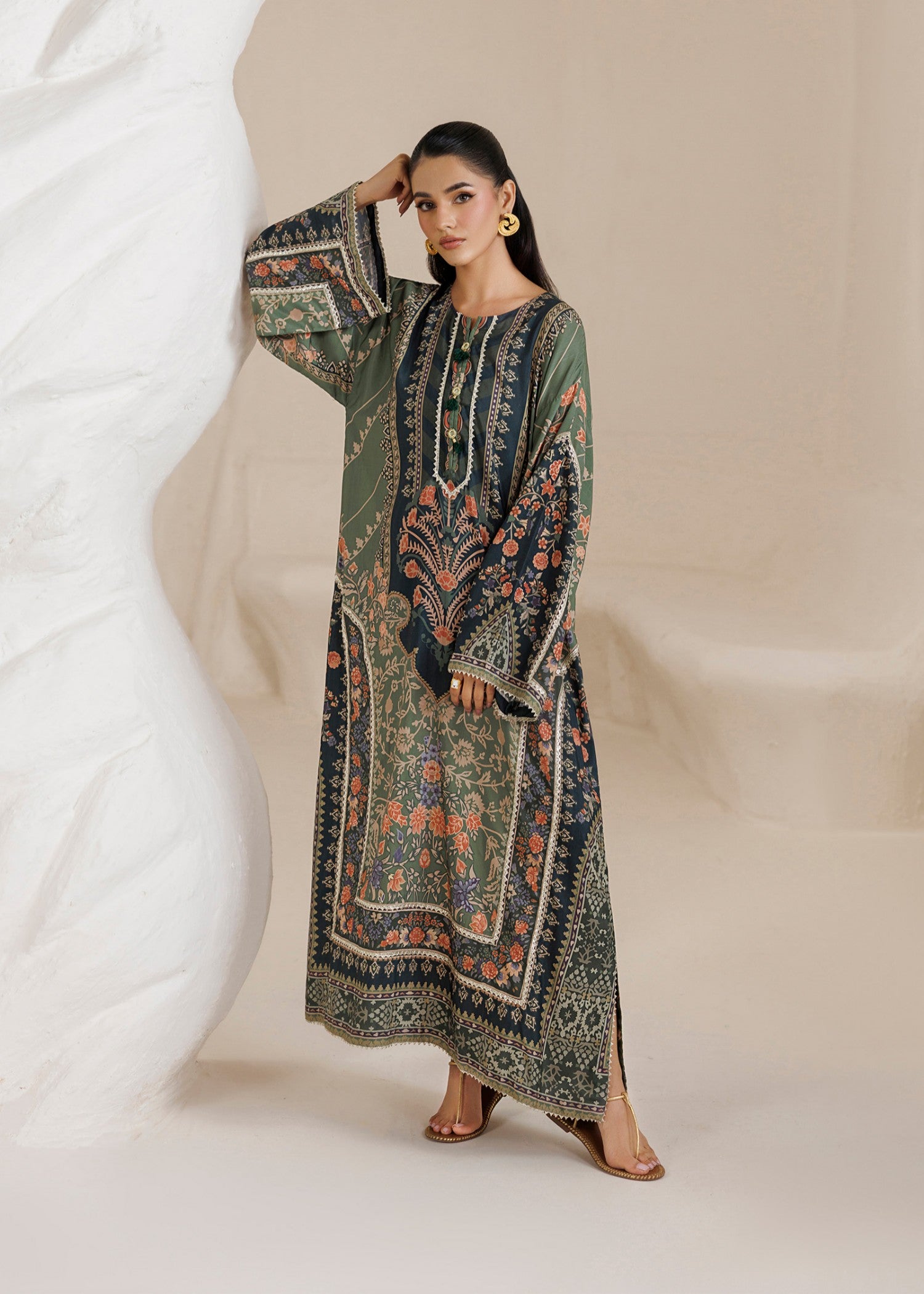 raw silk Kaftan in Avocado green