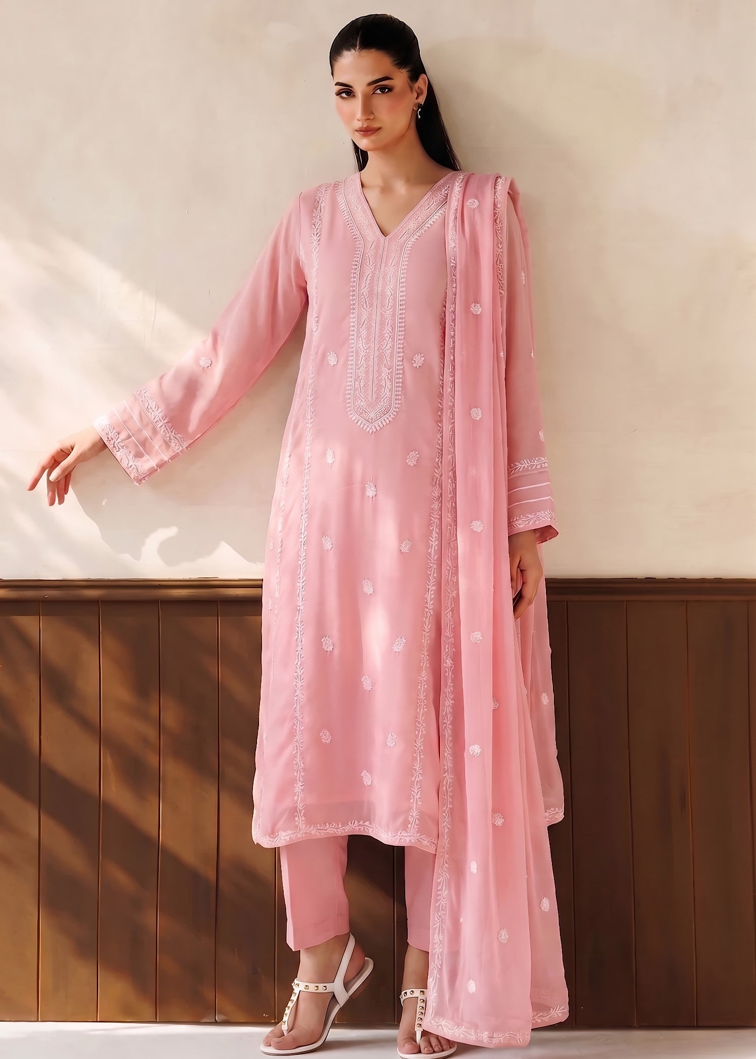 bemberg crinkle chiffon Kurta Set in Light pink