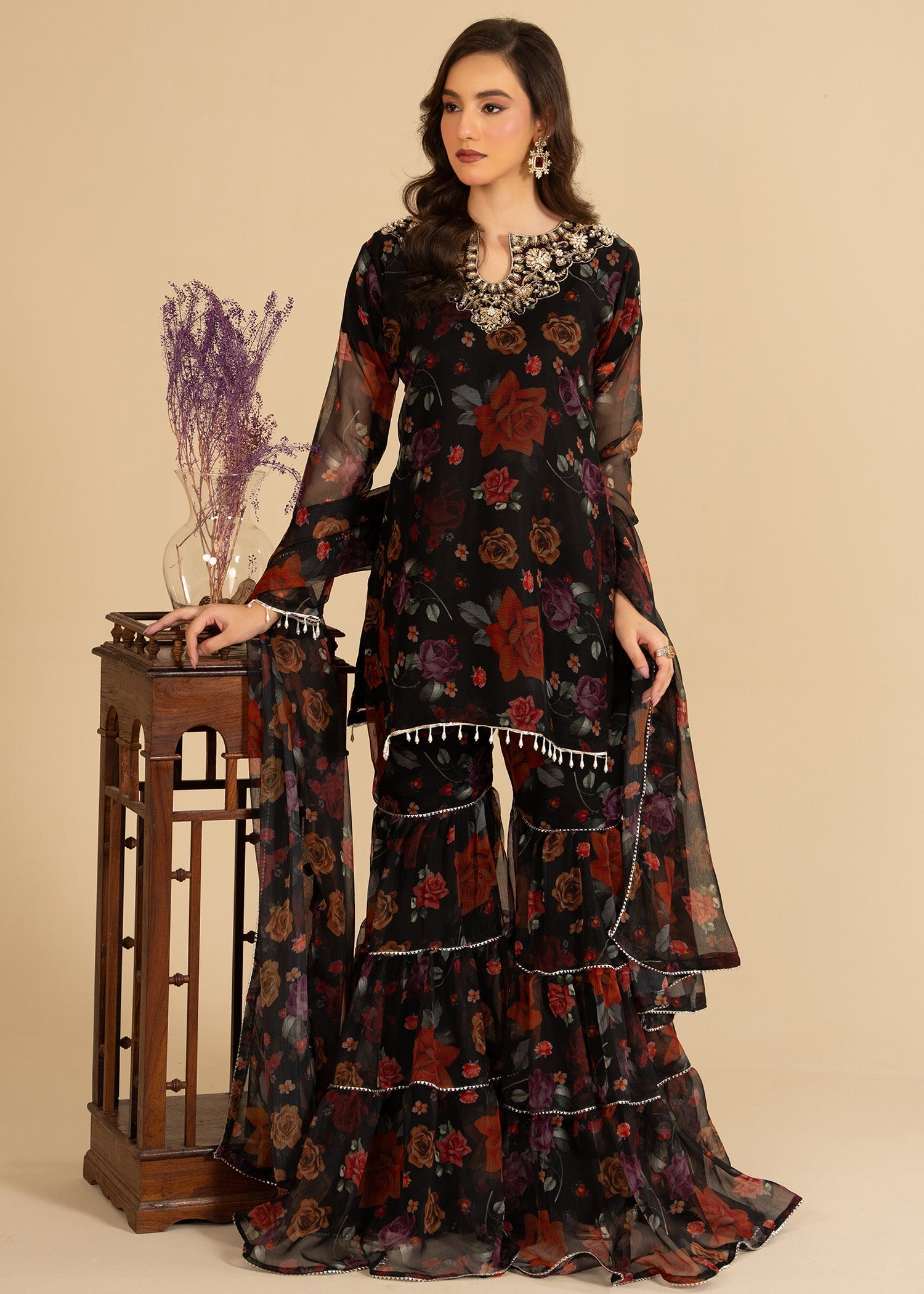bemberg crinkle chiffon Gharara in Black