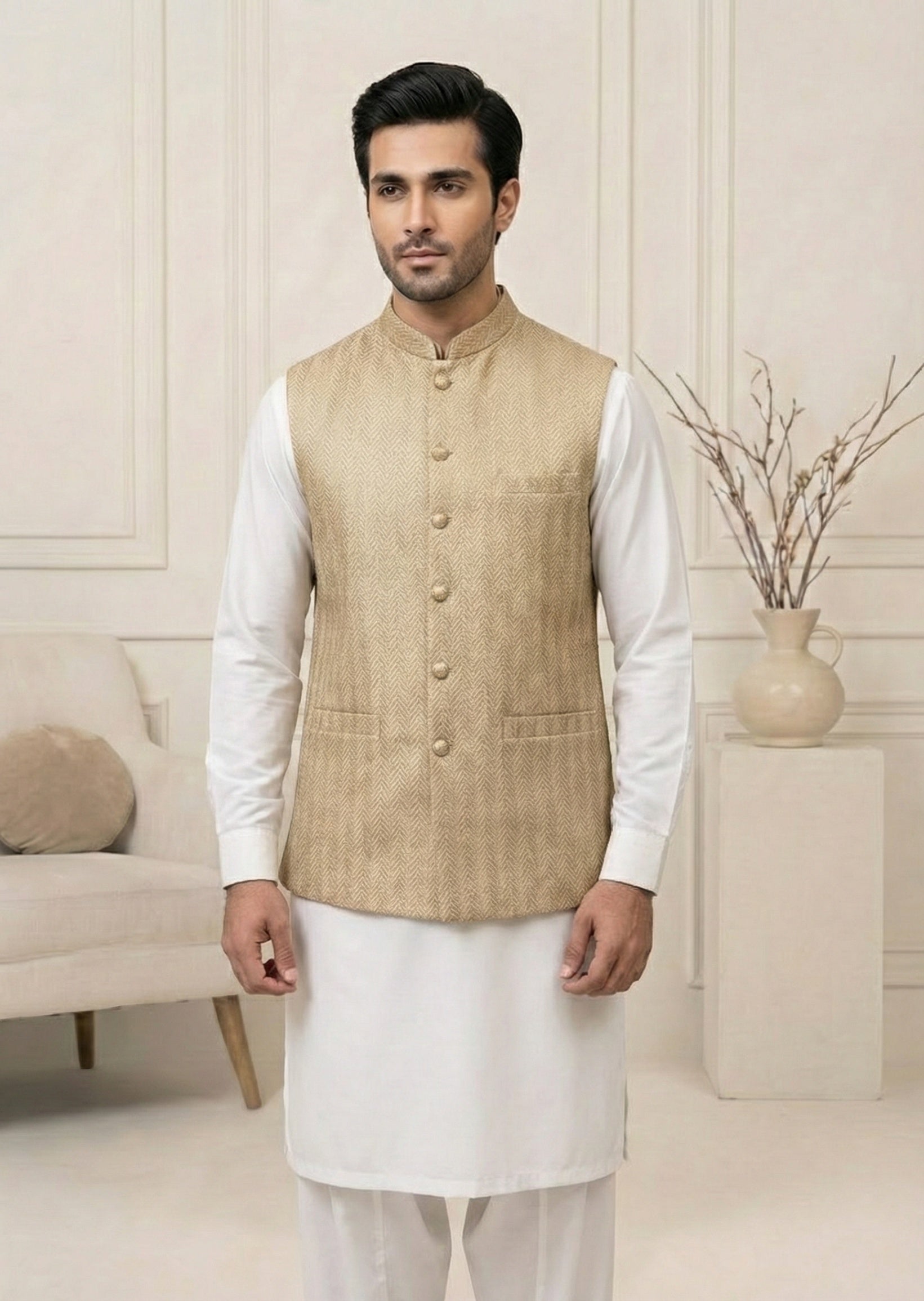 traditional jamawar Waistcoat in Gold by Real Image Clothing