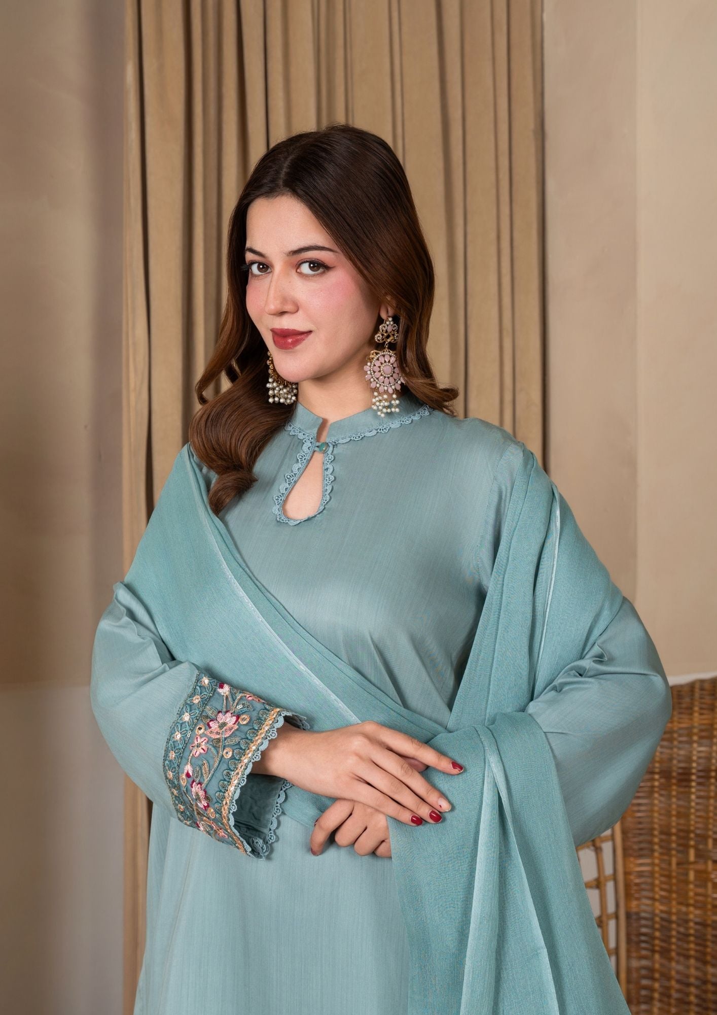 viscose raw silk Kurta Set in Duck egg grey