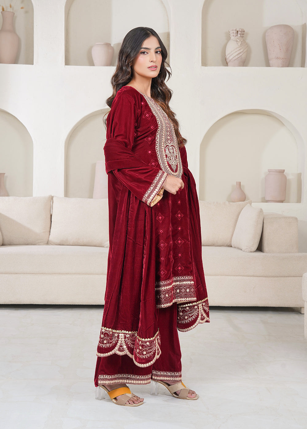 velvet Kurta Set in Maroon
