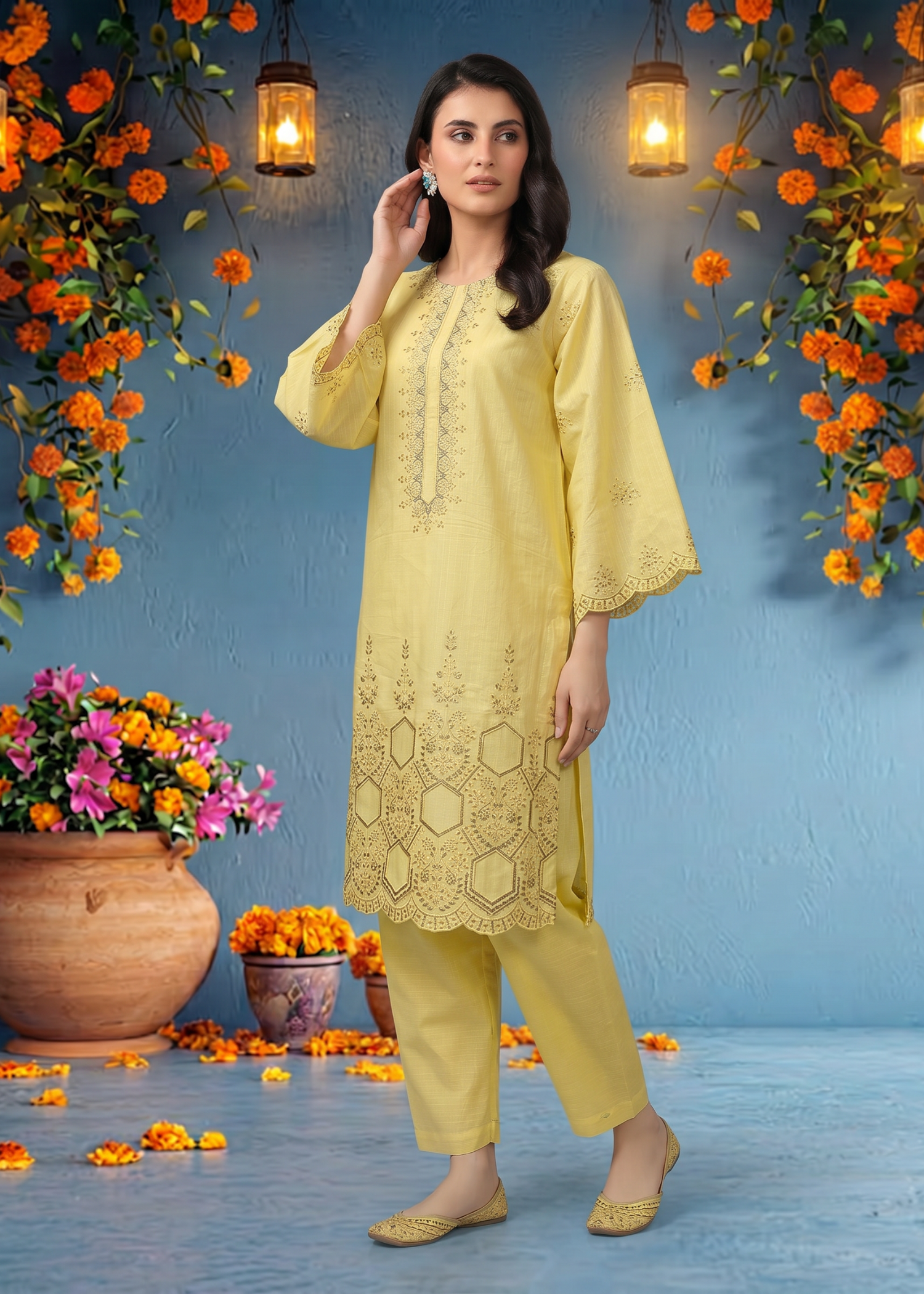 textured lawn Kurti in Lemon chiffon