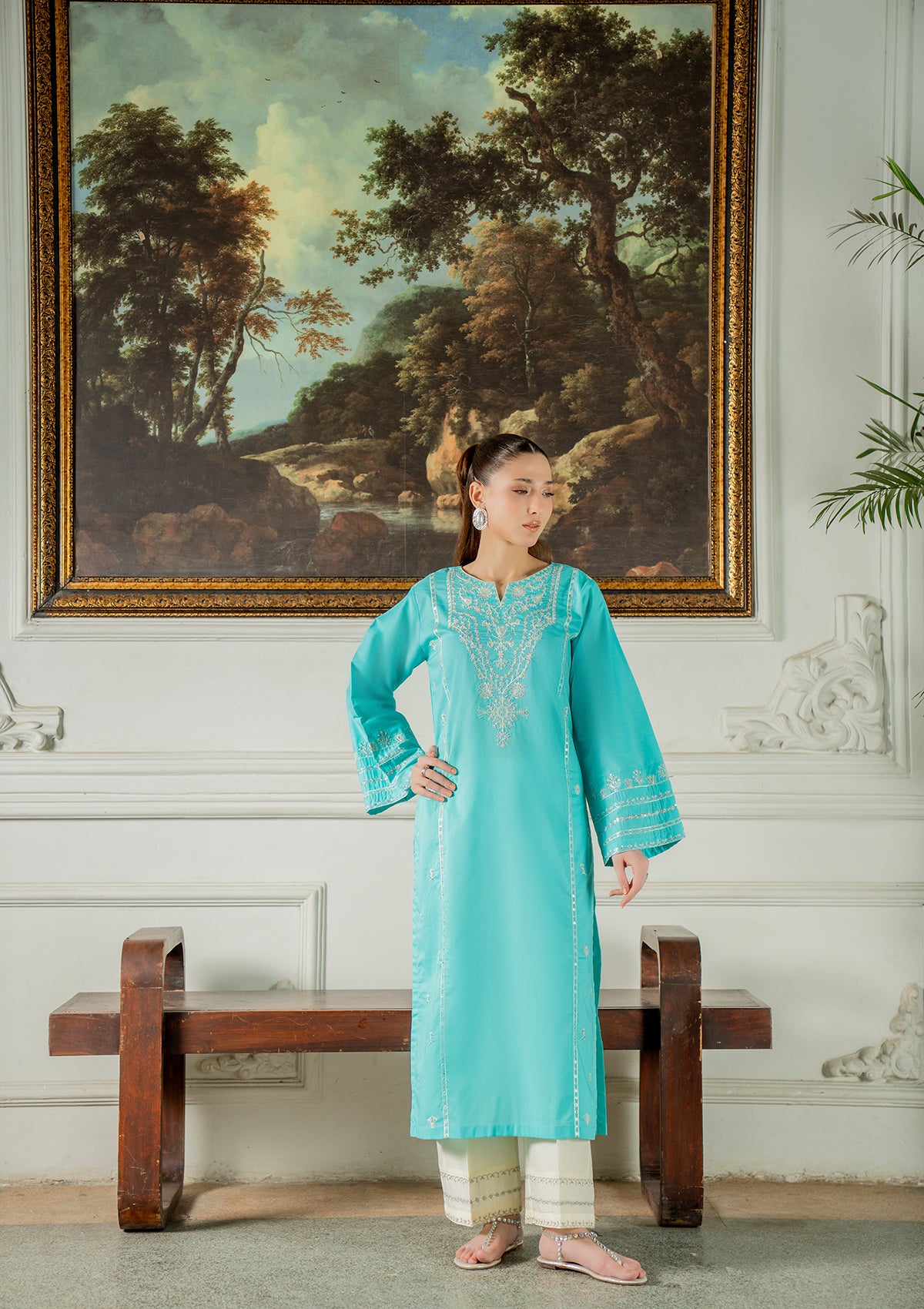 cotton Kurta Set in Turquoise