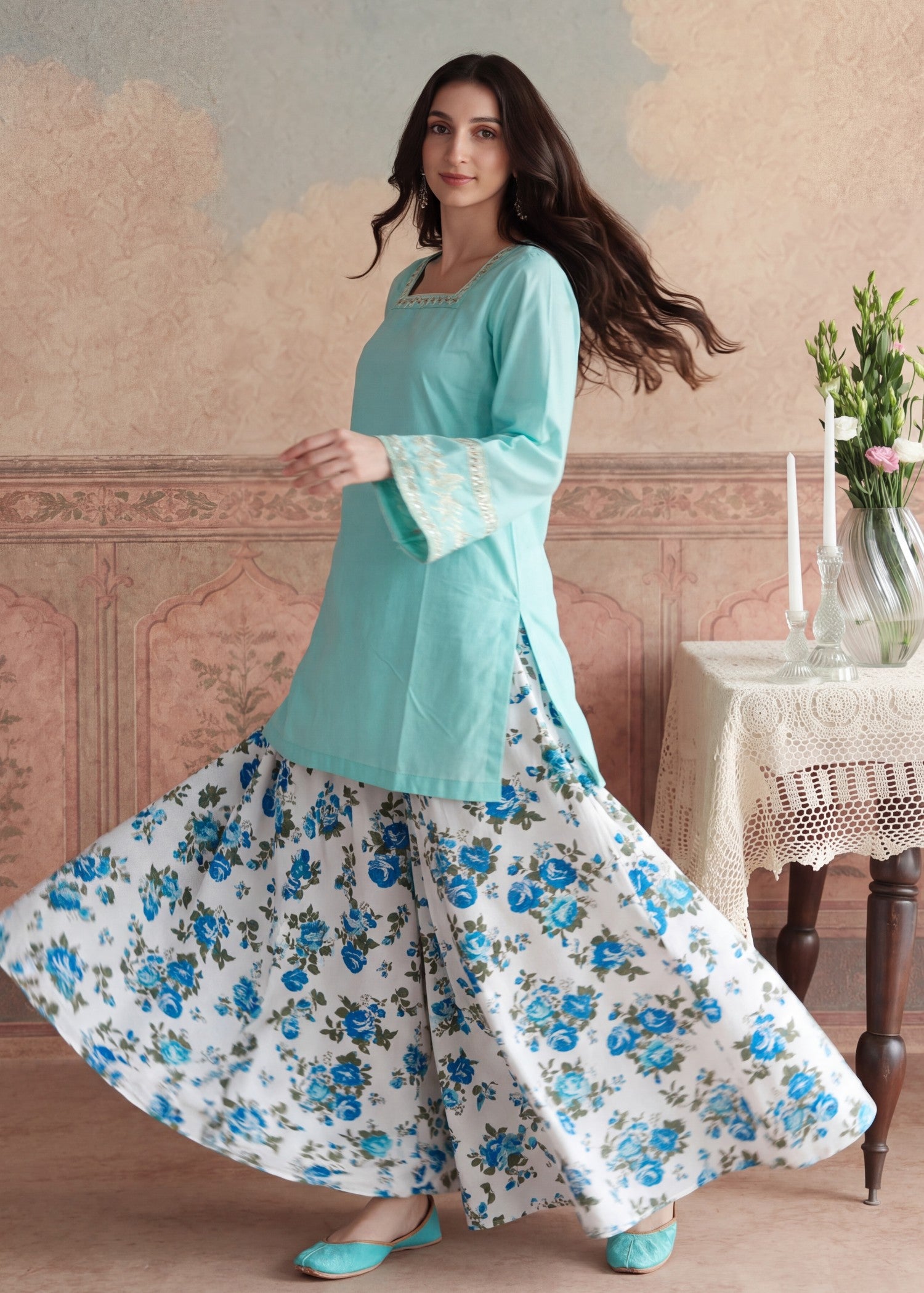 lawn Sharara in Turquoise