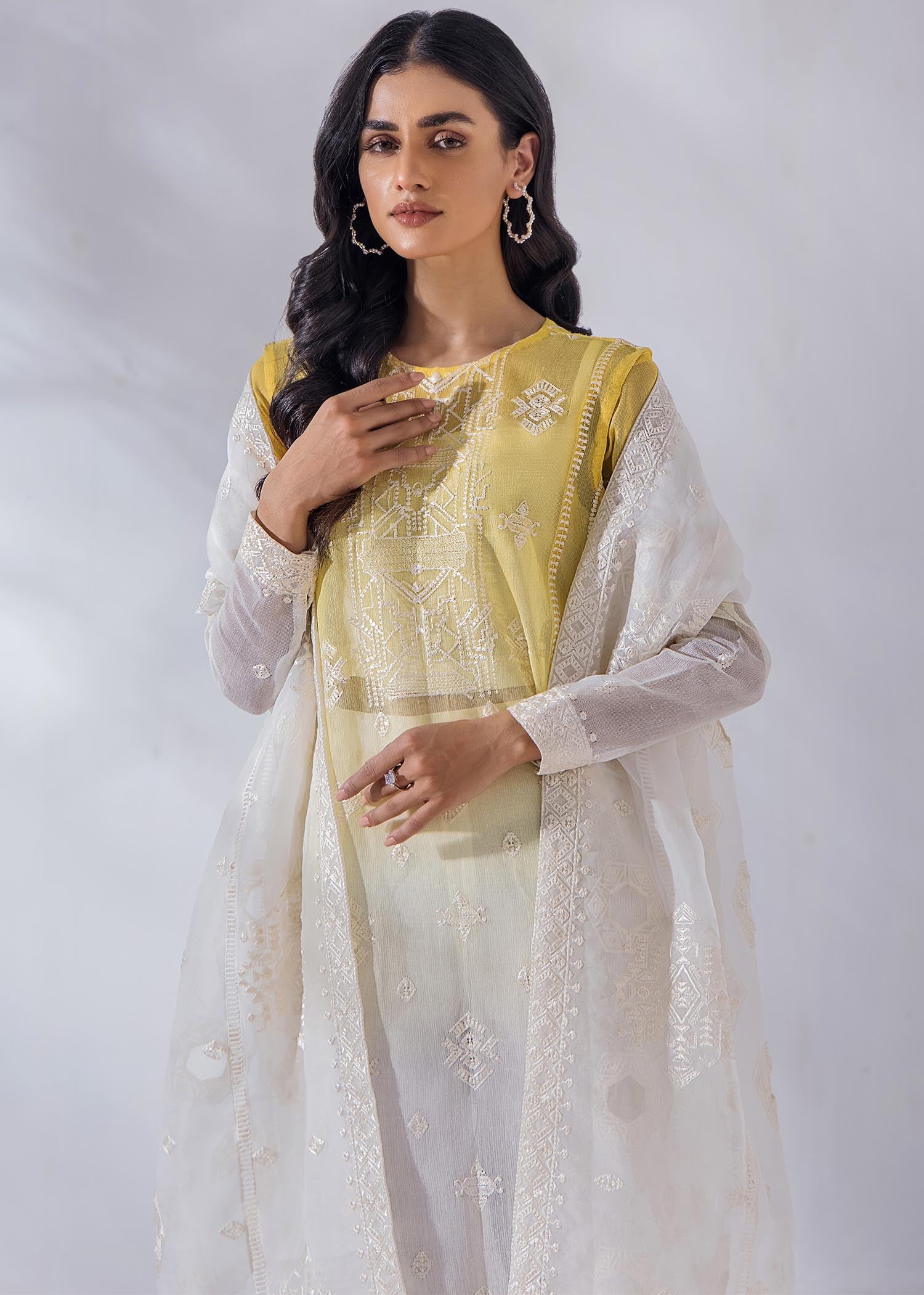 khaddi net Kurta Set in Yellow