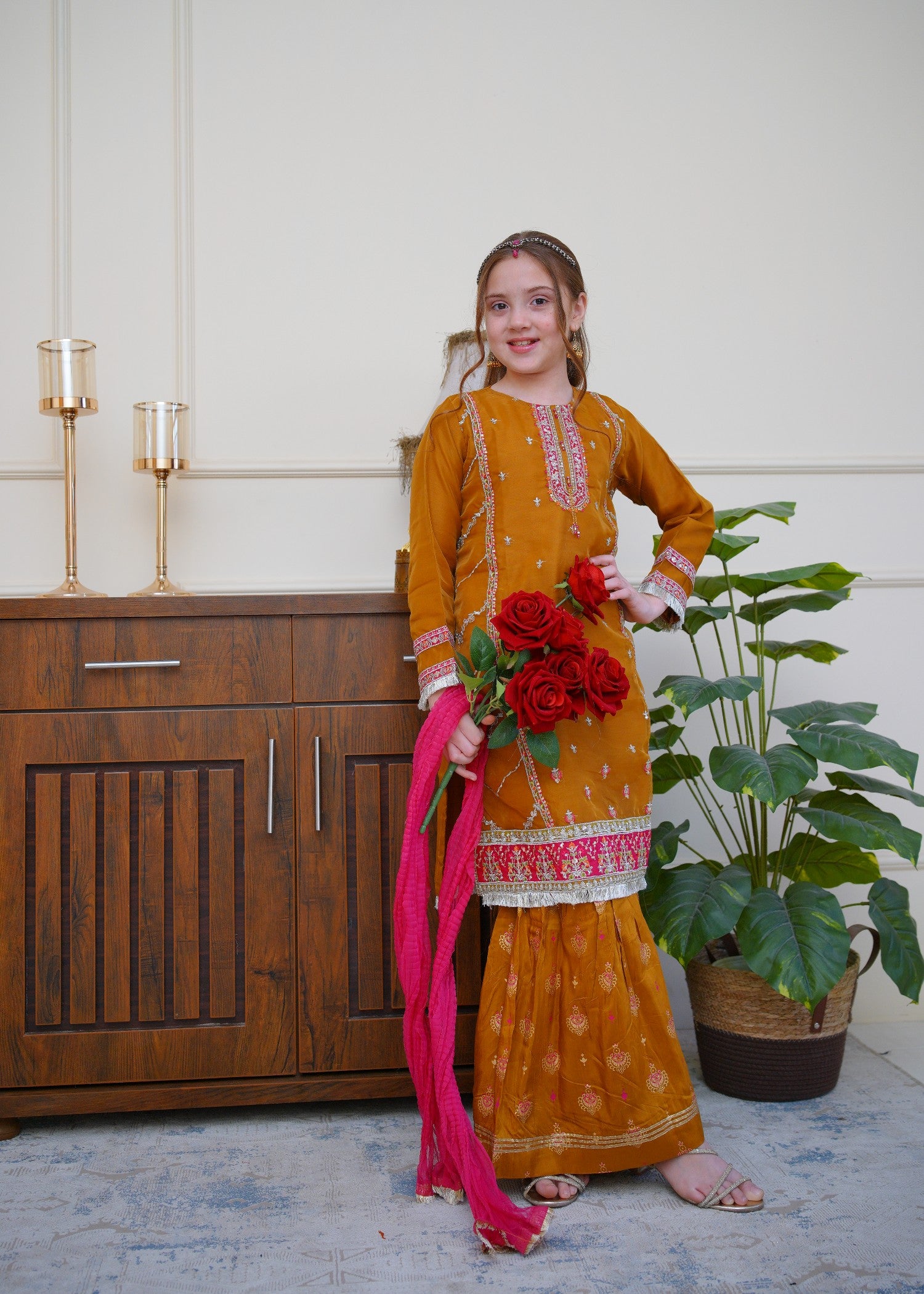 organza Gharara in Mari gold