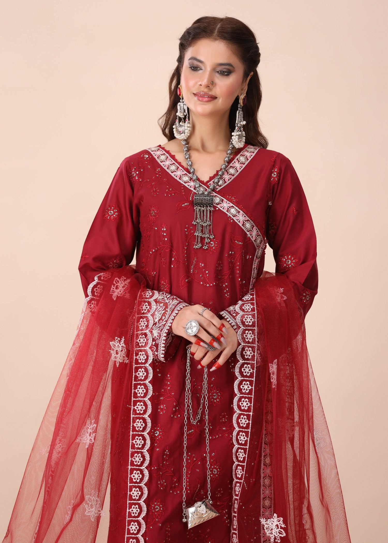 lawn Angrakha in Maroon
