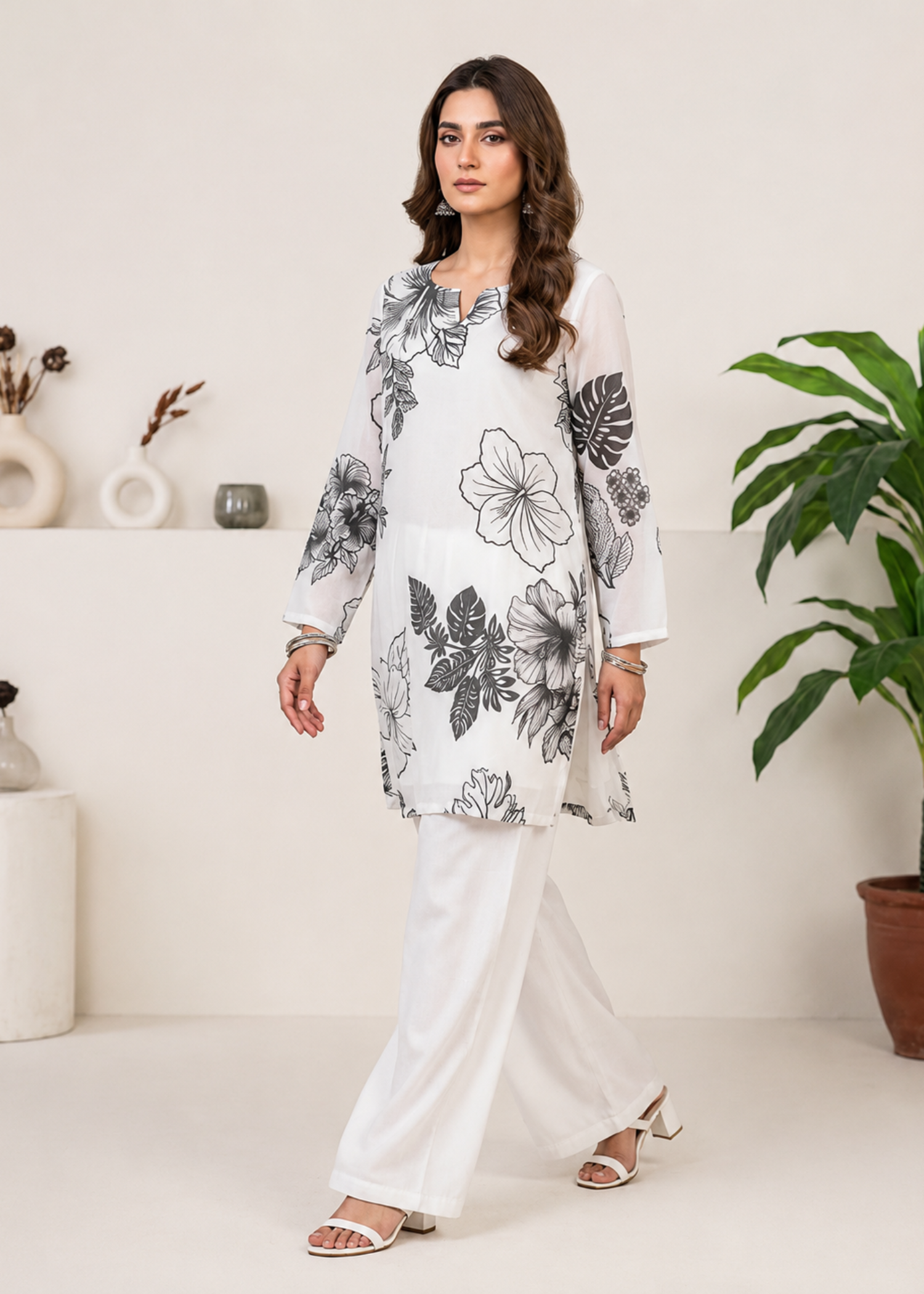 chiffon Kurta Set in Black, white