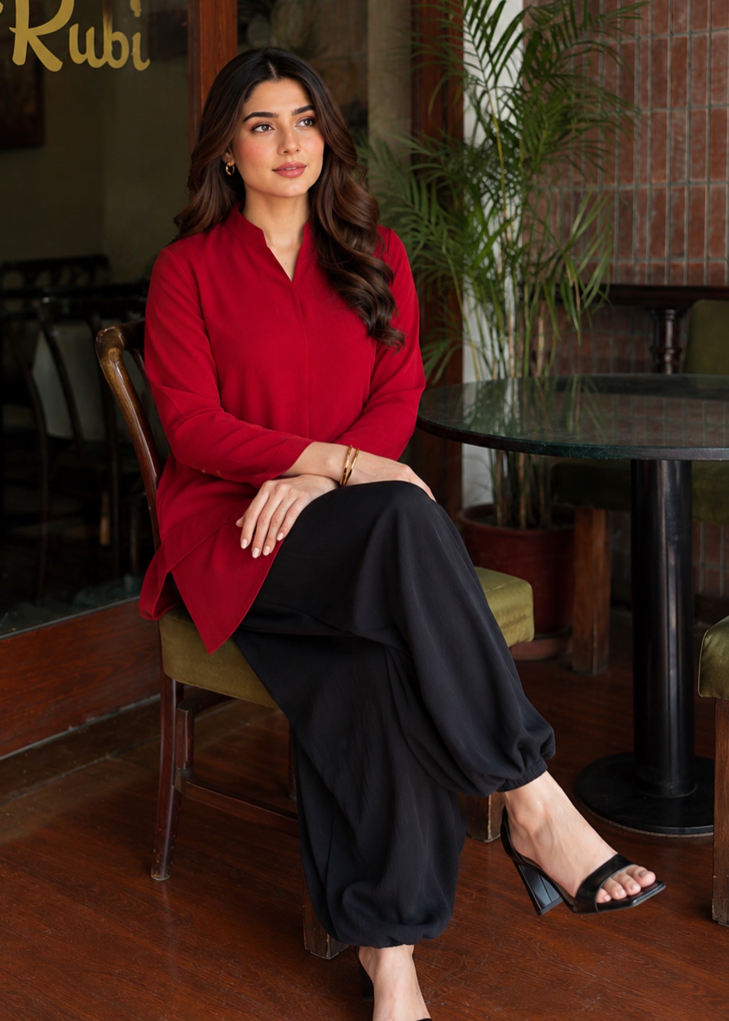 chiffon Kurta Set in Black, red