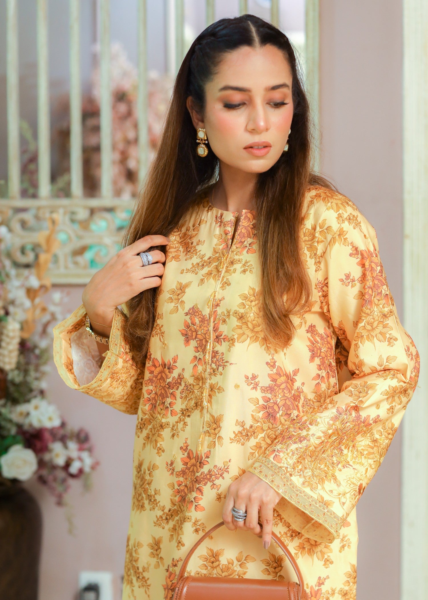 silk finish lawn Co Ord Sets in Mustard