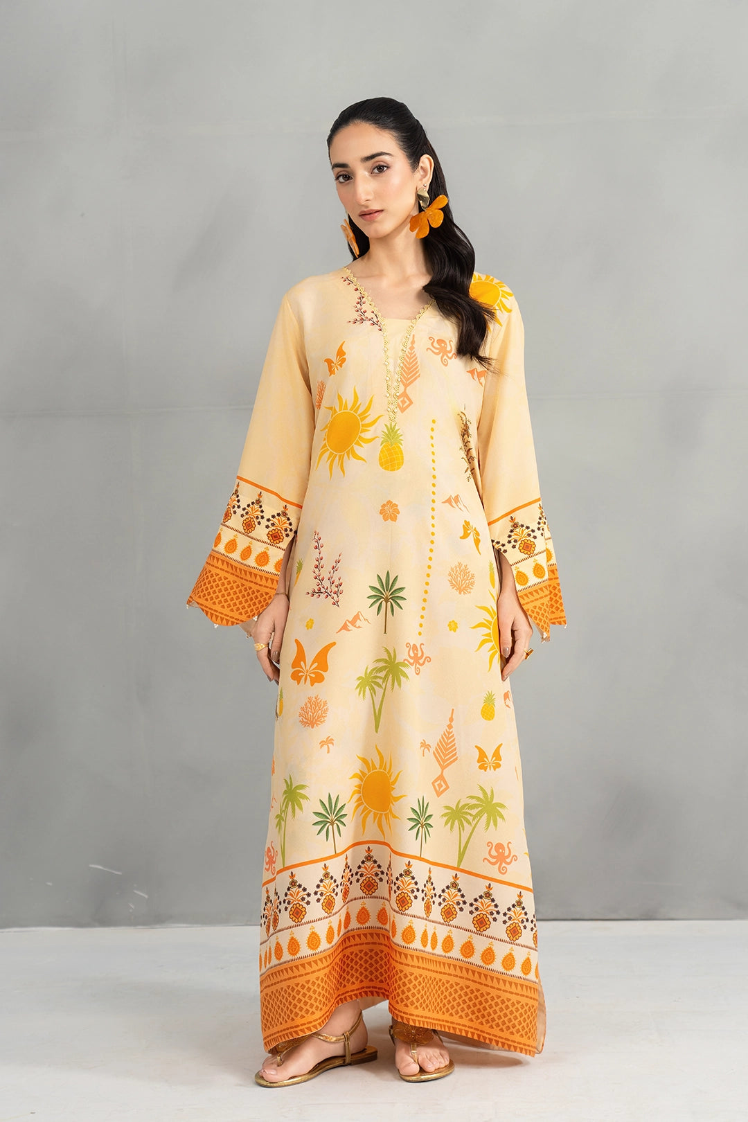 silk finish lawn Kaftan in Mustard