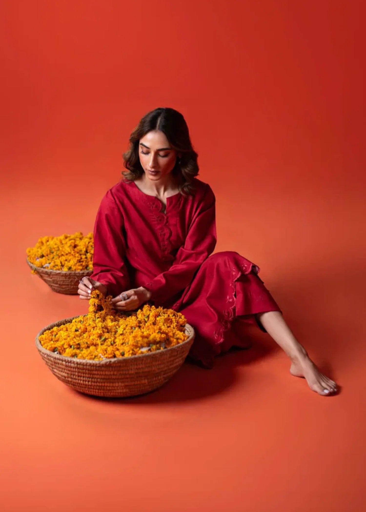 dobby Kurta Set in Red