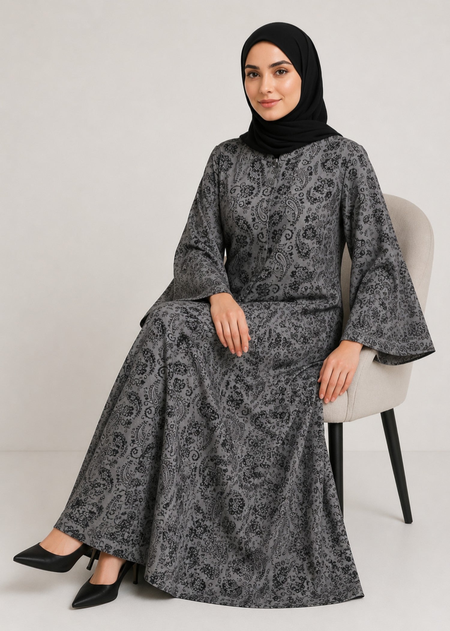 crepe georgette Abaya in Ash grey, black