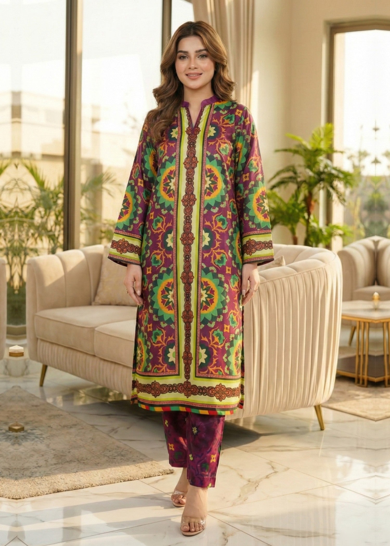 silk charmeuse Kurta Set in Multi