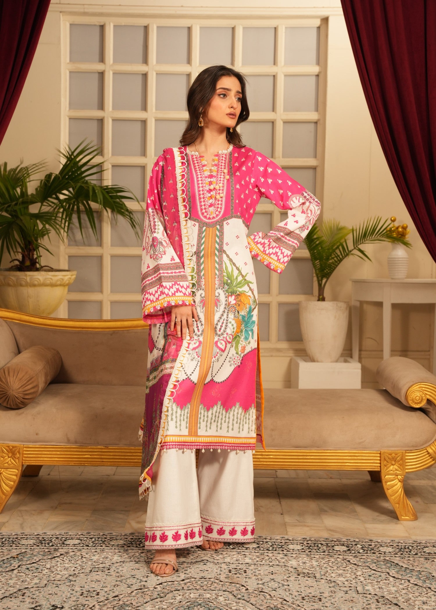 lawn Unstitched in Pink, white