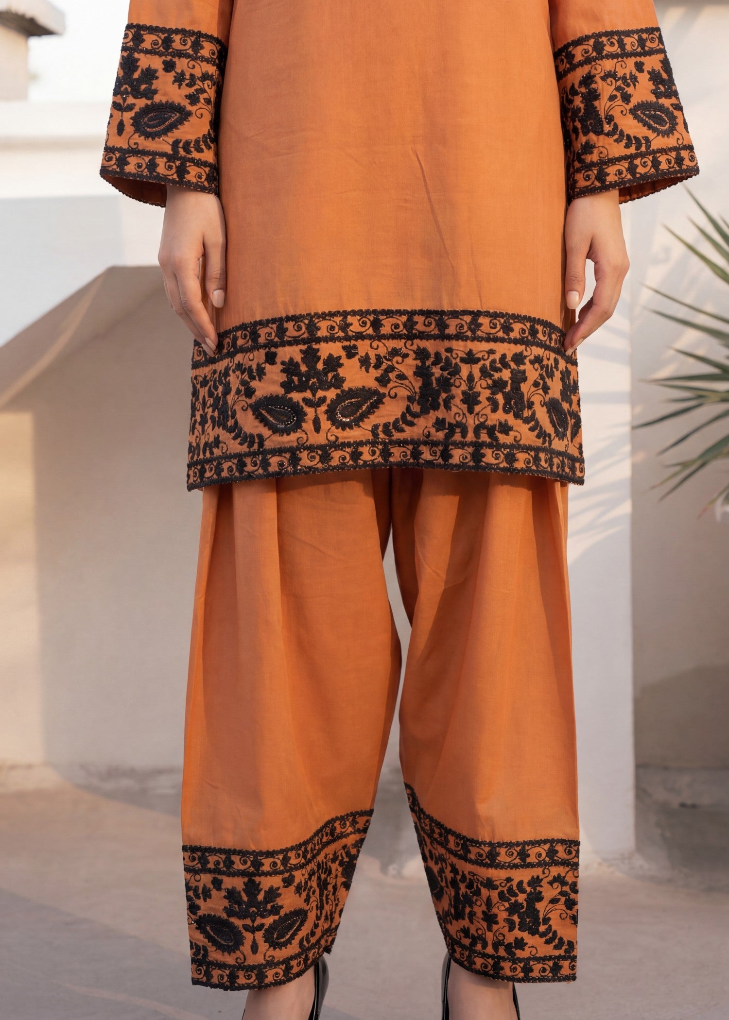 lawn Kurta Set in Sunrise orange