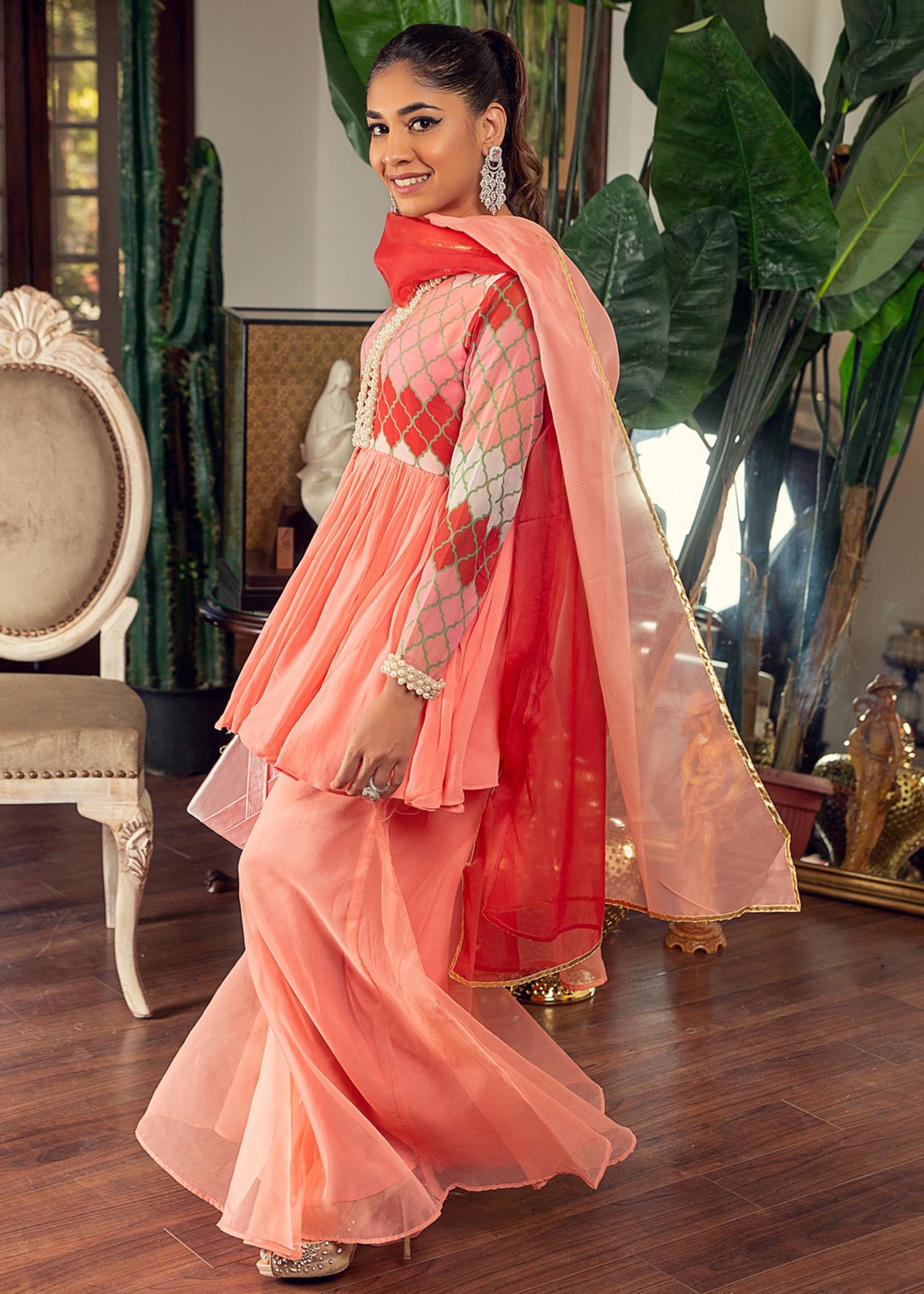 chiffon Short Frock in Coral pink