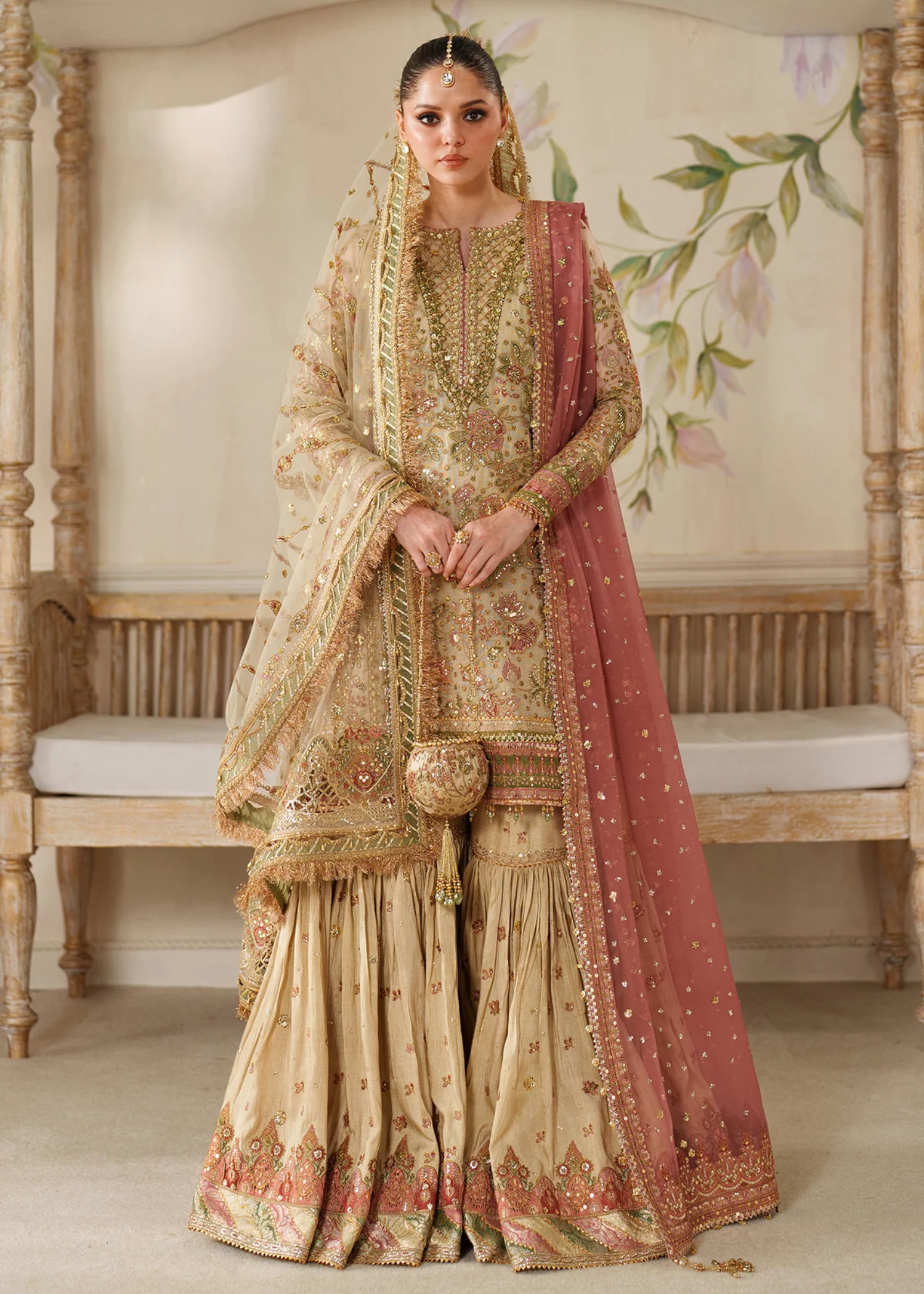 zari net Unstitched in Beige
