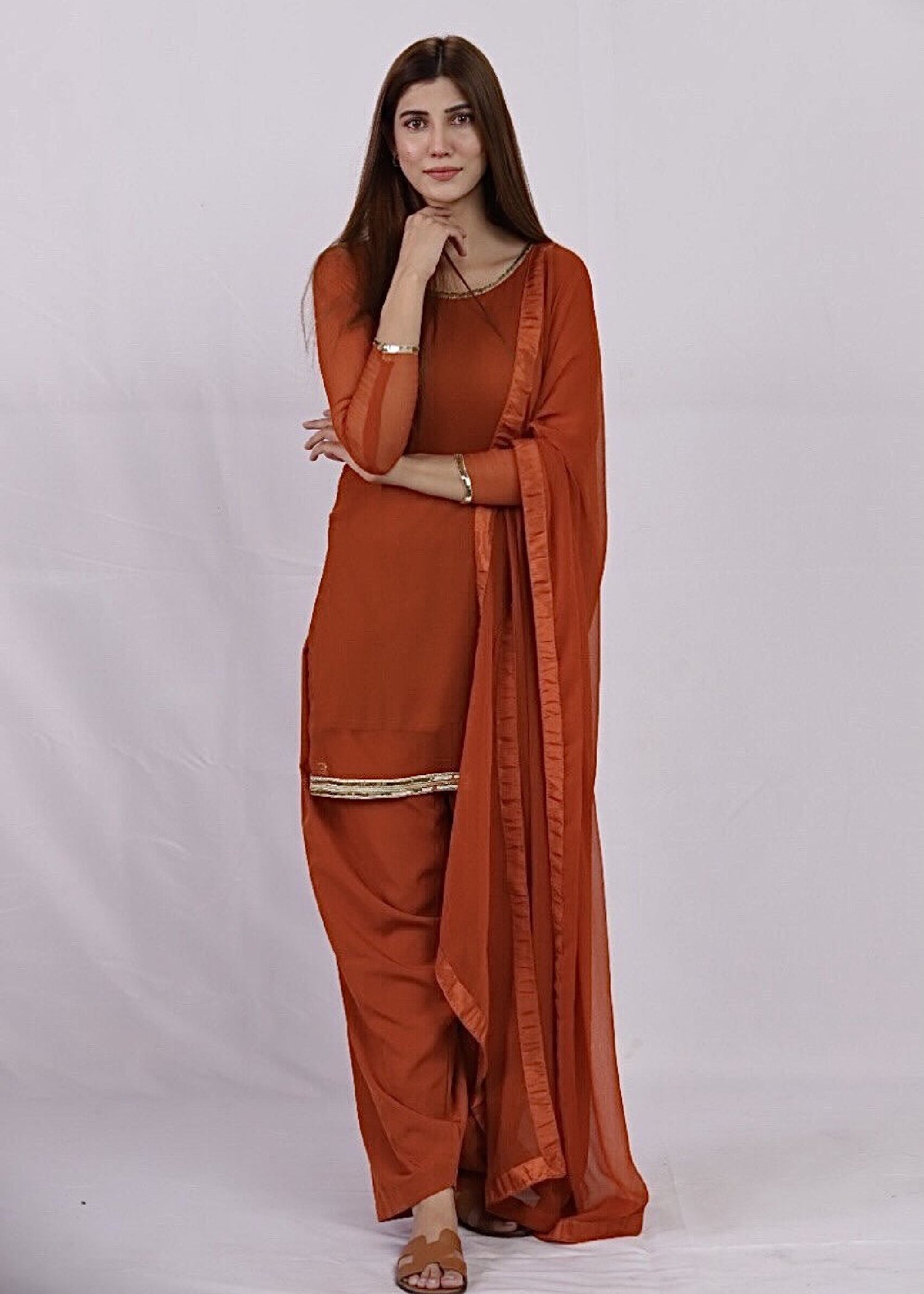bemberg crinkle chiffon Kurta Set in Rust orange