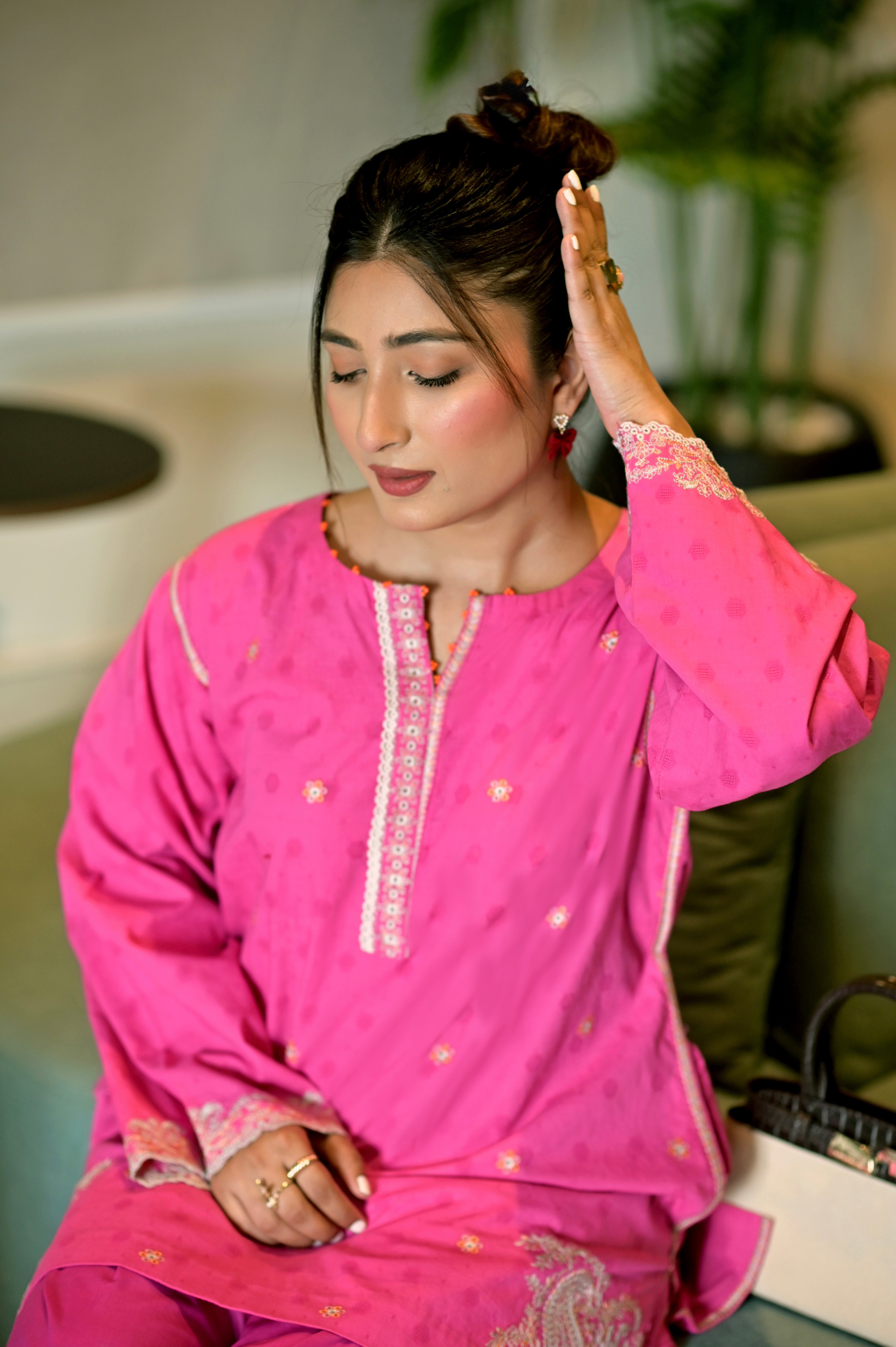jacquard Kurti in Hot pink