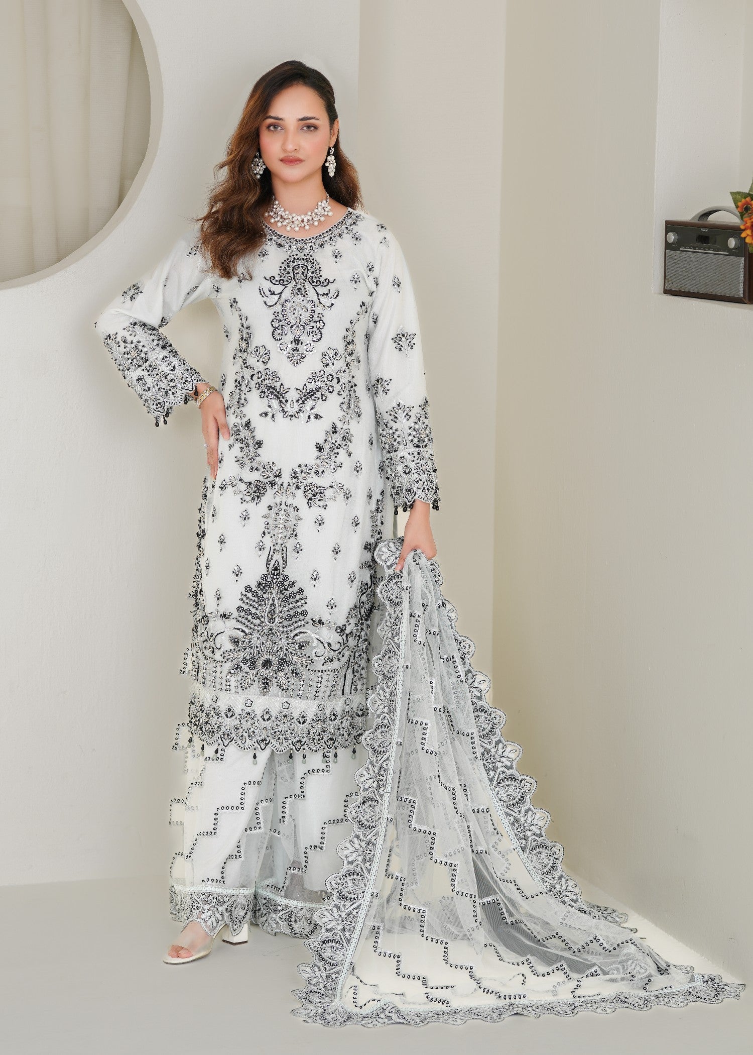 net Kurta Set in White