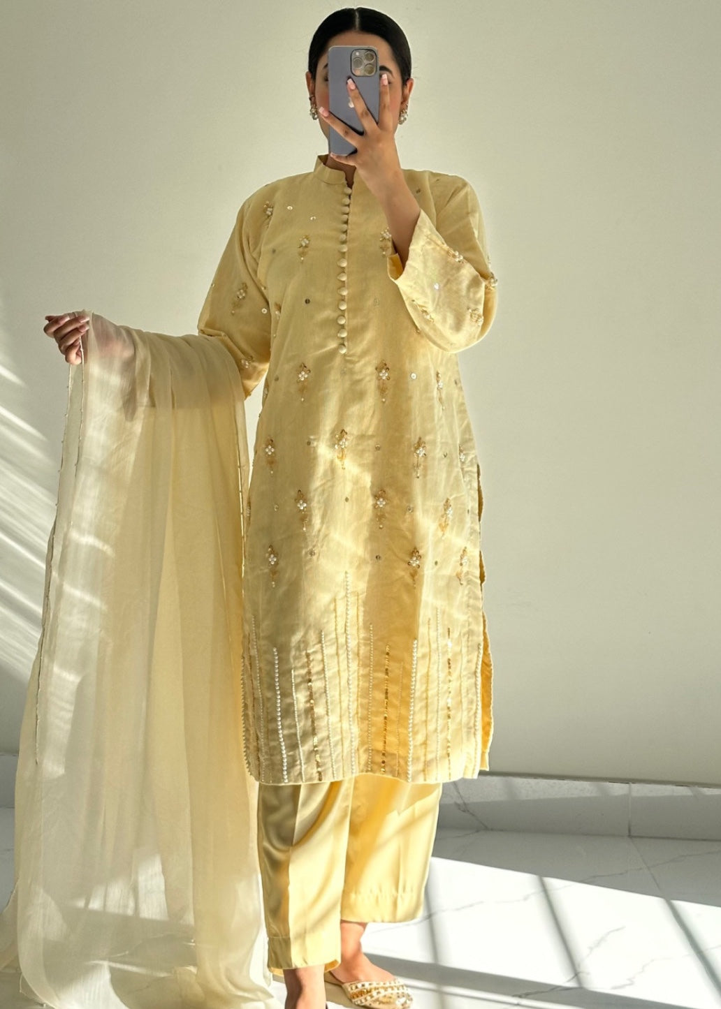 cotton karandi Kurta Set in Beige