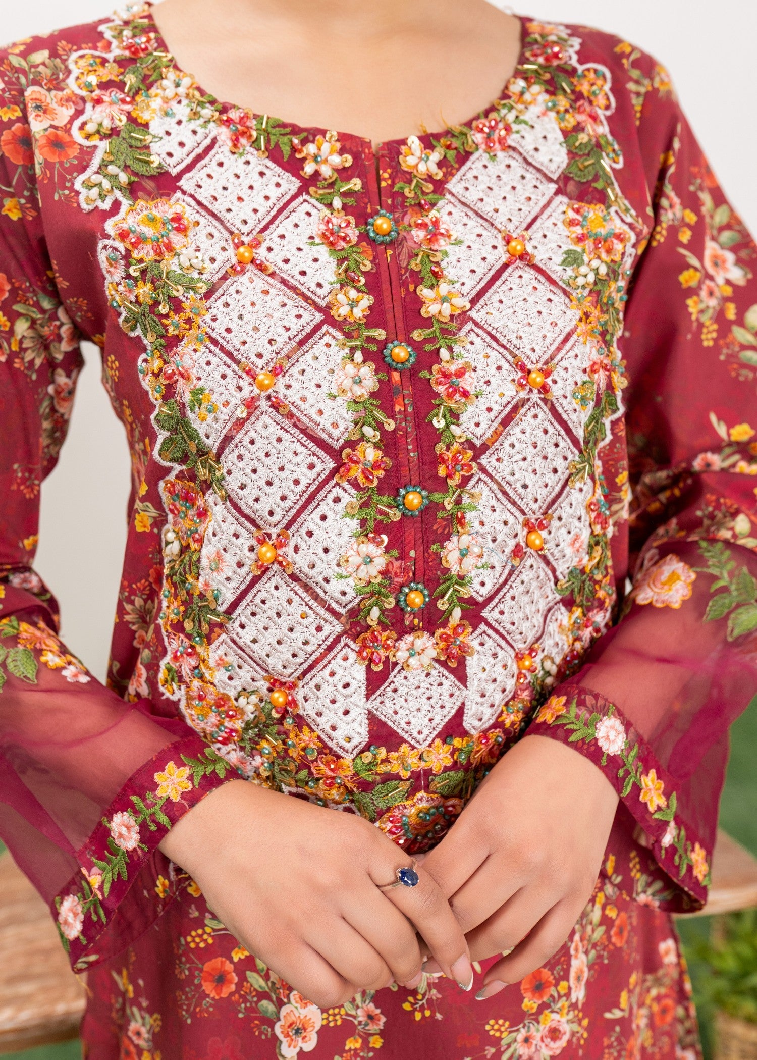 cambric Kurta Set in Maroon