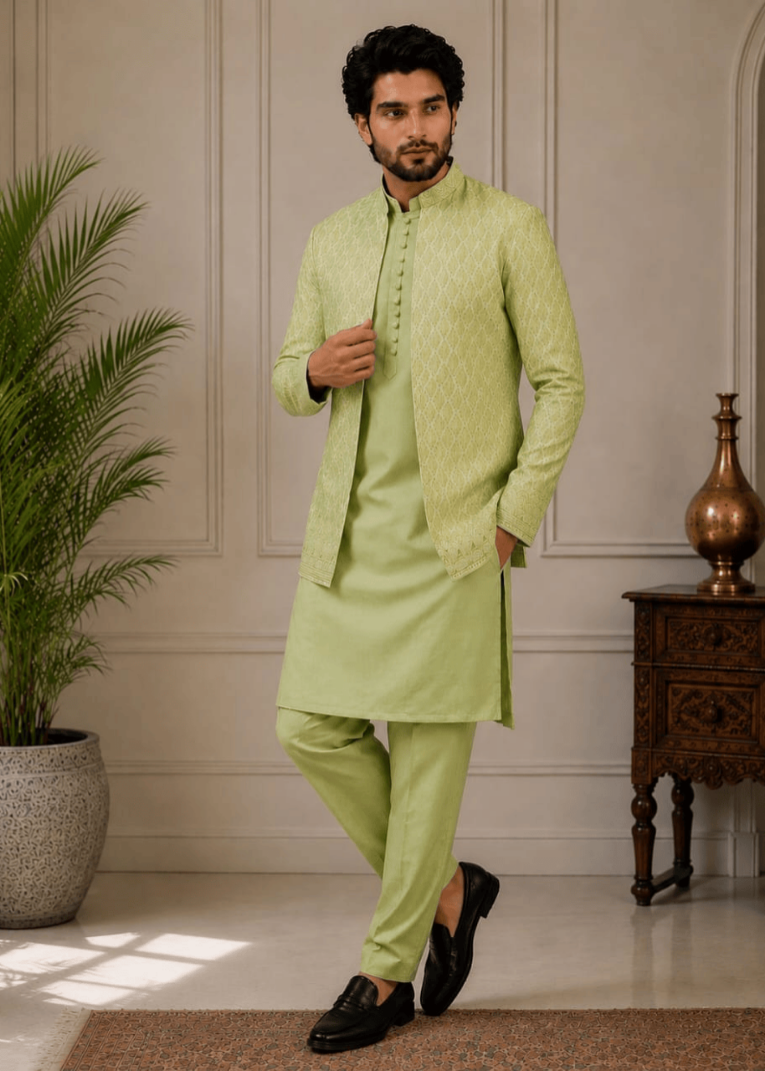 raw silk Prince Coat in Pistachio green