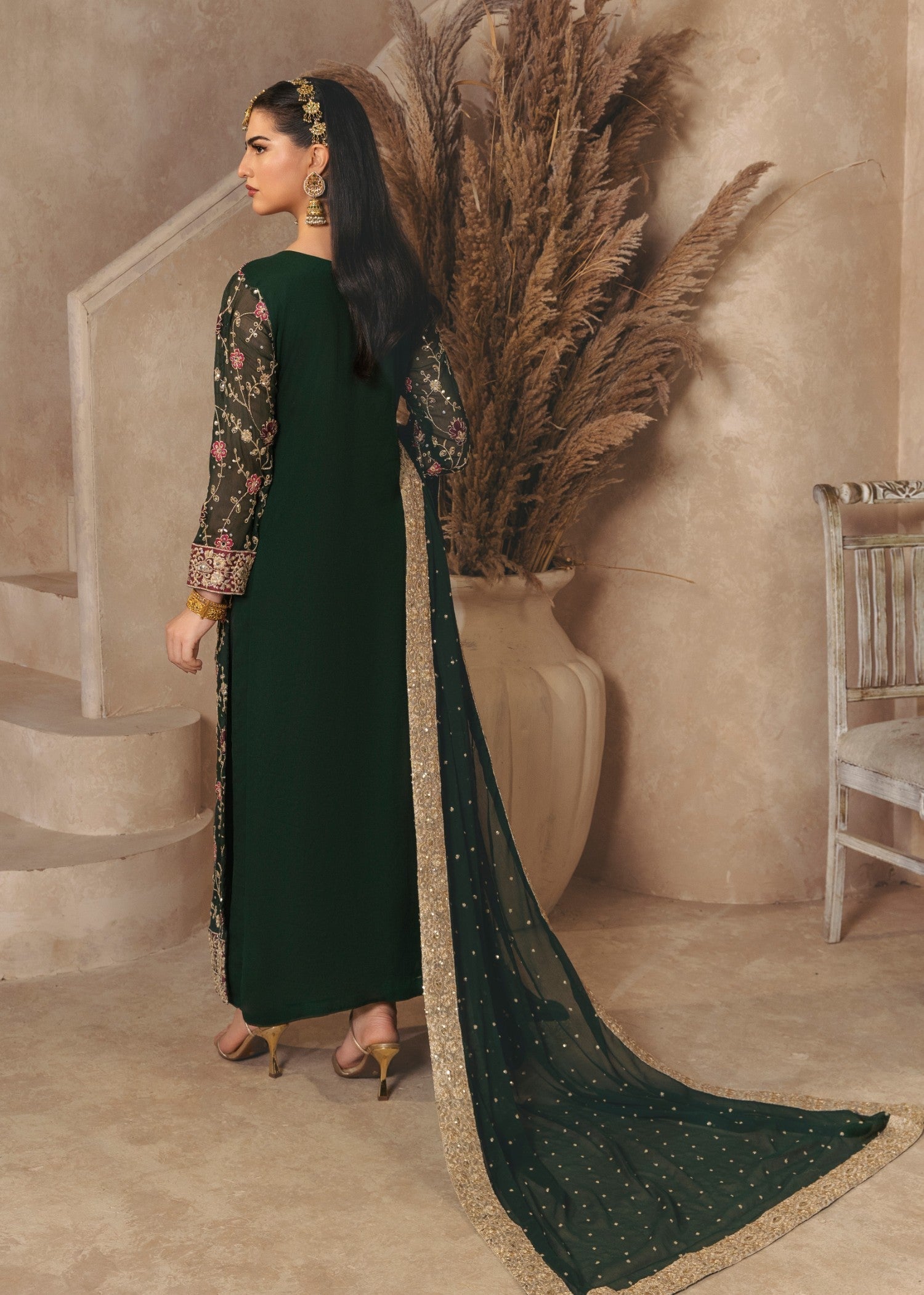 chiffon Kurta Set in Dark green