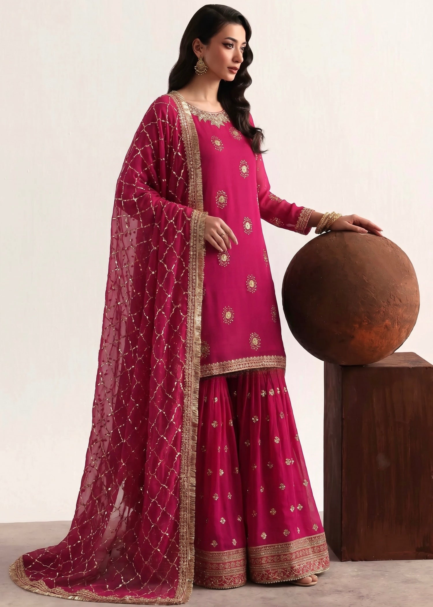 chiffon Gharara in Hot pink