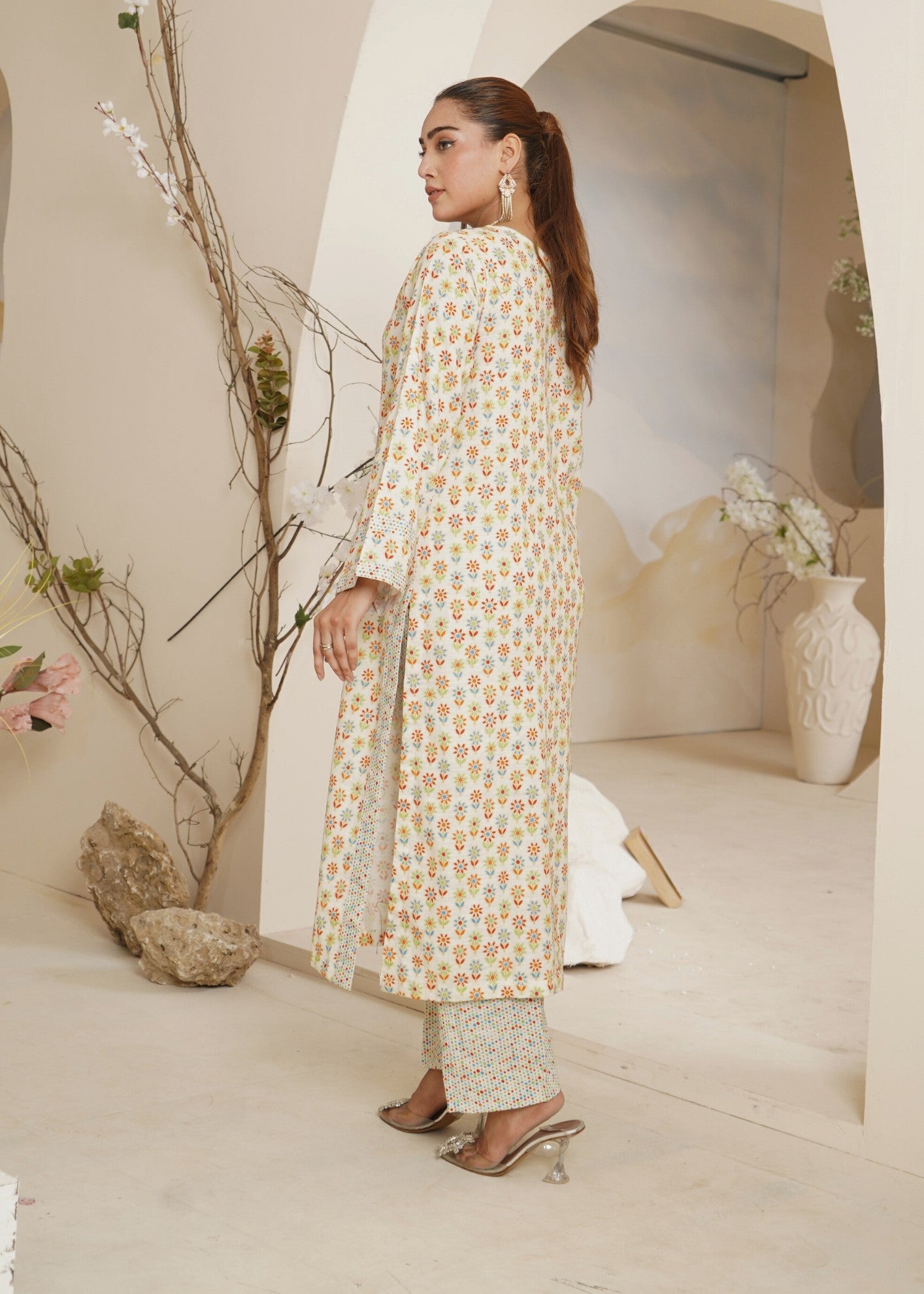 slub khaddar Kurta Set in Cream