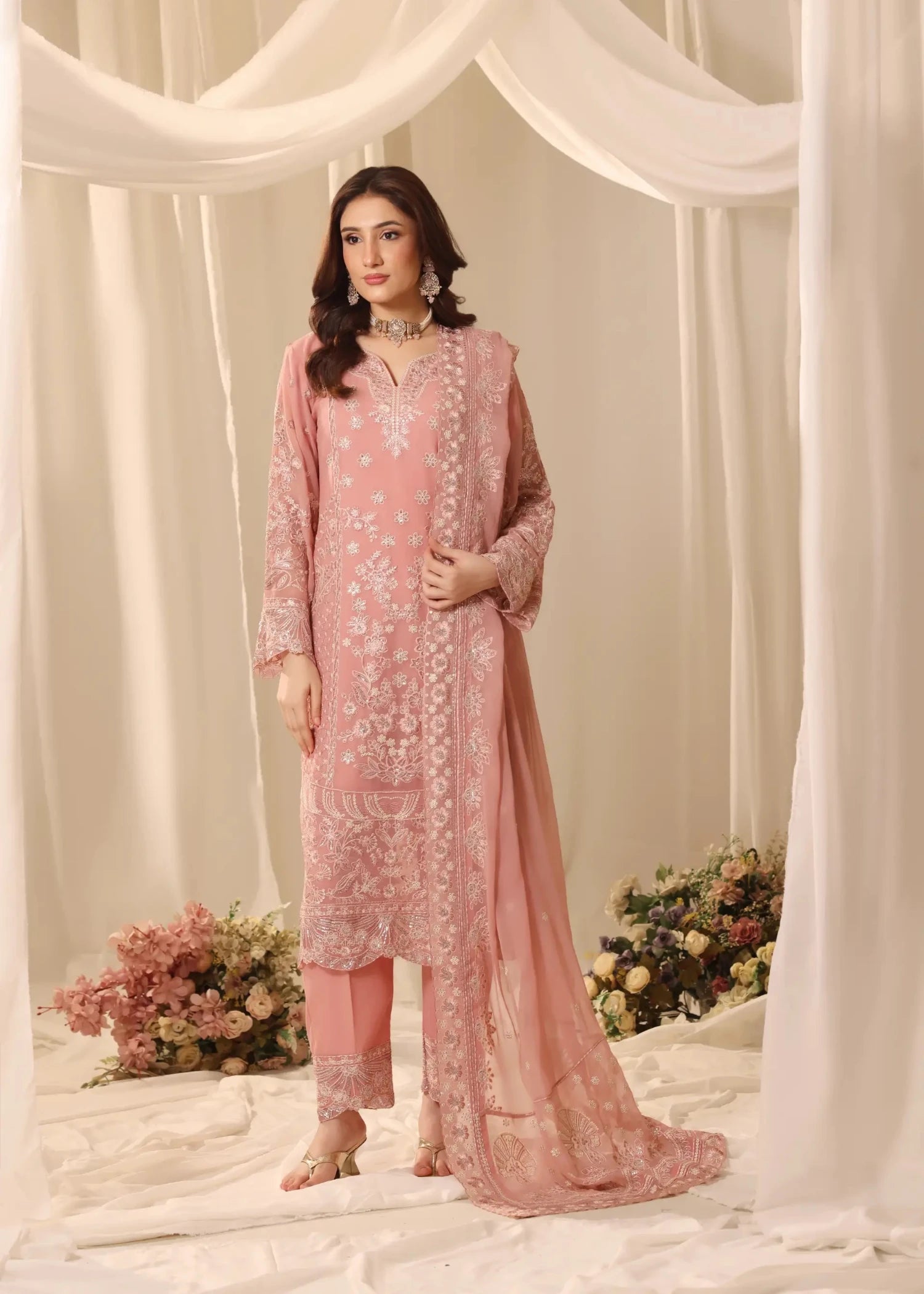 chiffon Kurta Set in Tea rose pink