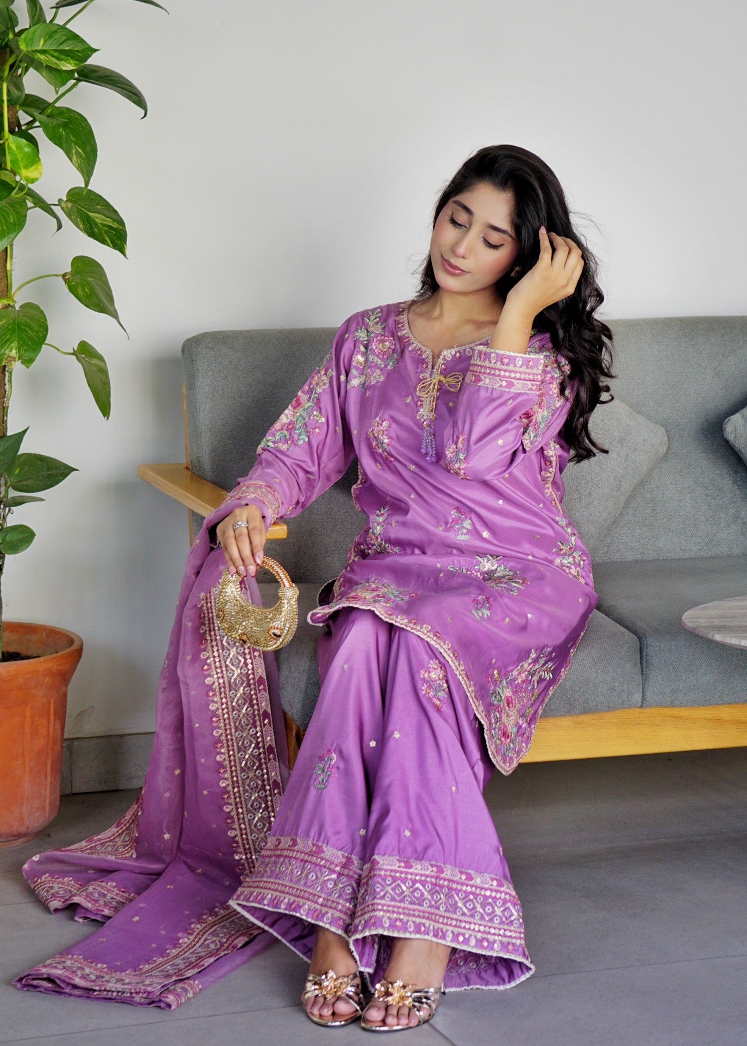 silk Kurta Set in Heathered lilac