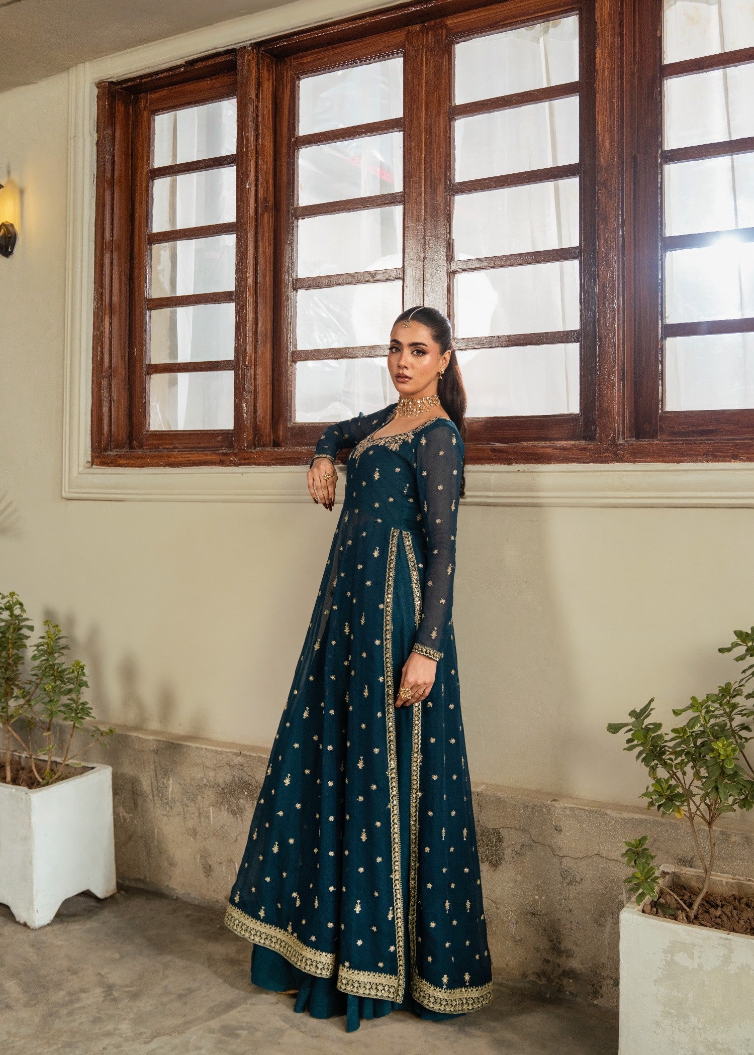 chiffon Pishwas in Bottle green