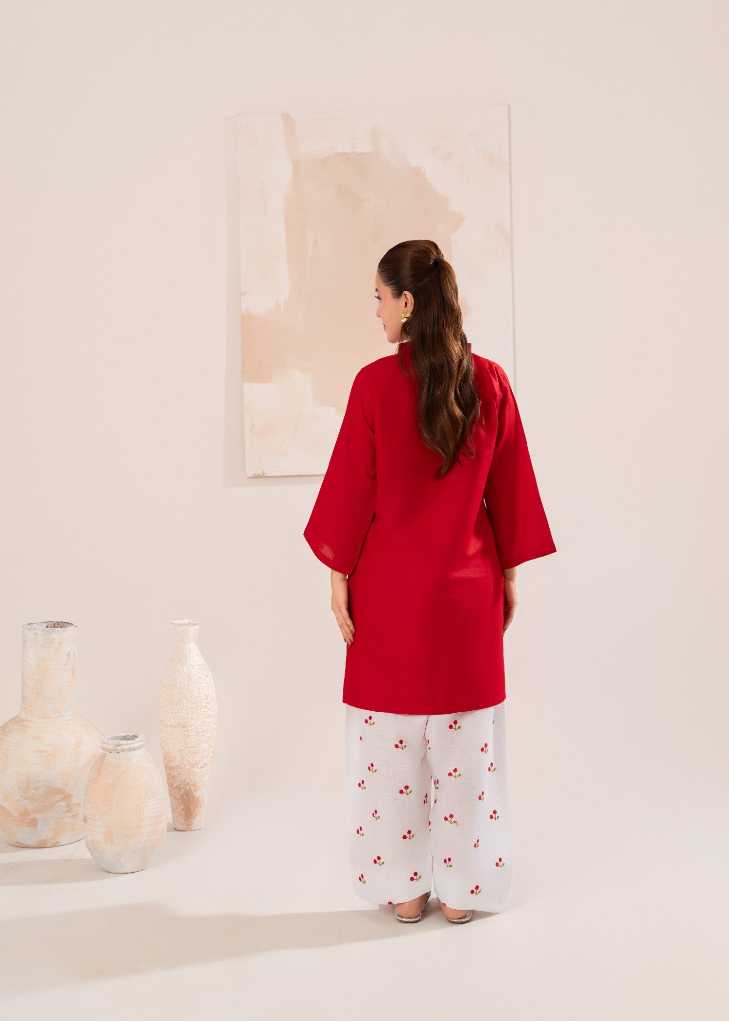 cotton Kurta Set in White, red