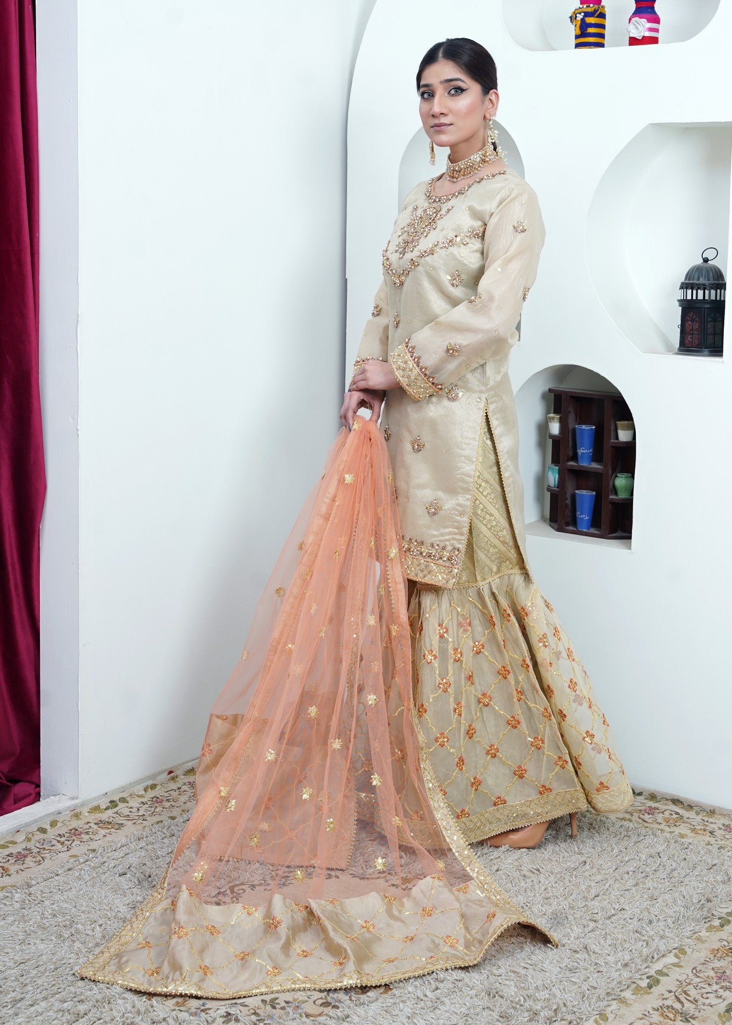 organza Gharara in Beige