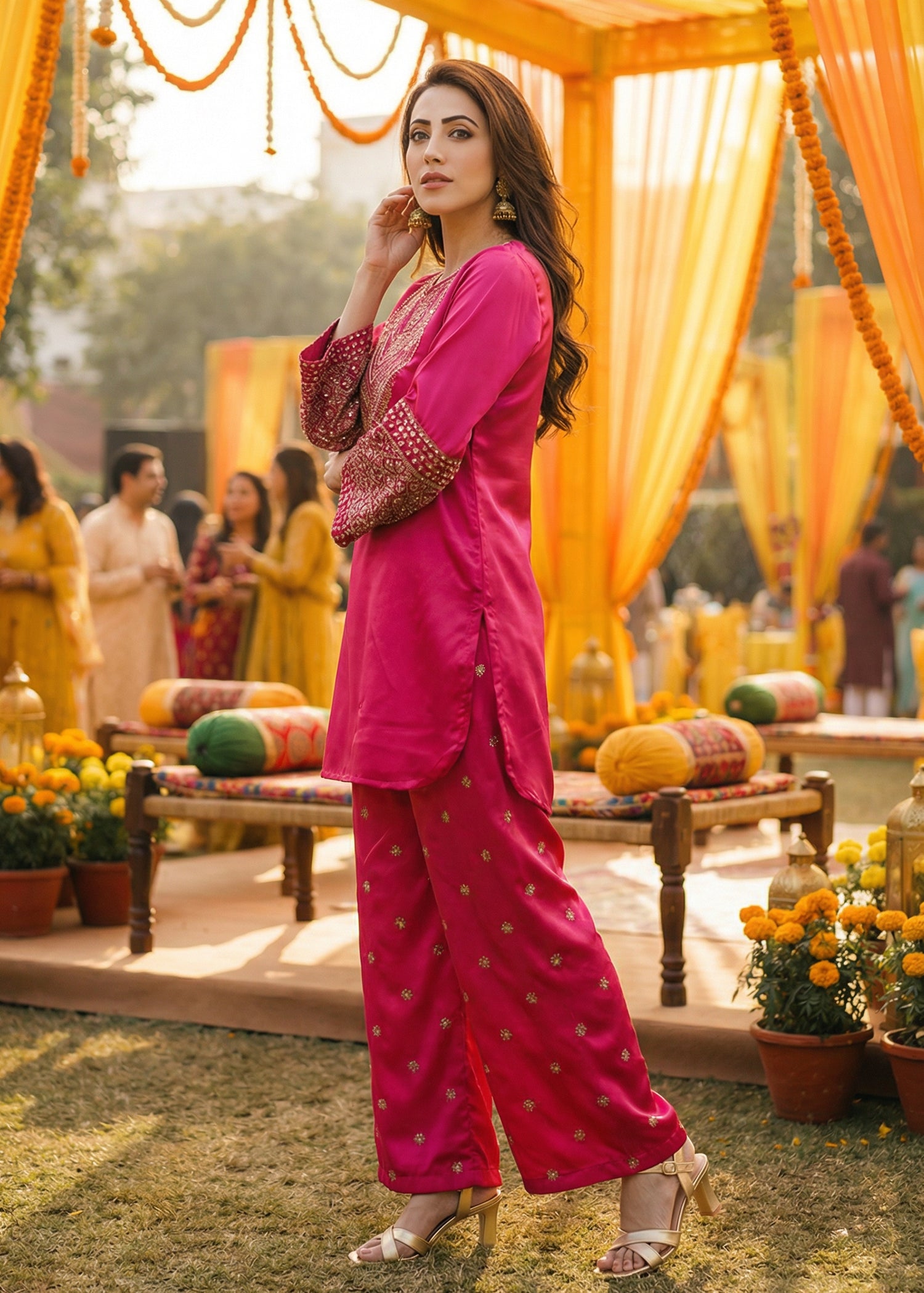 raw silk Kurta Set in Hot pink
