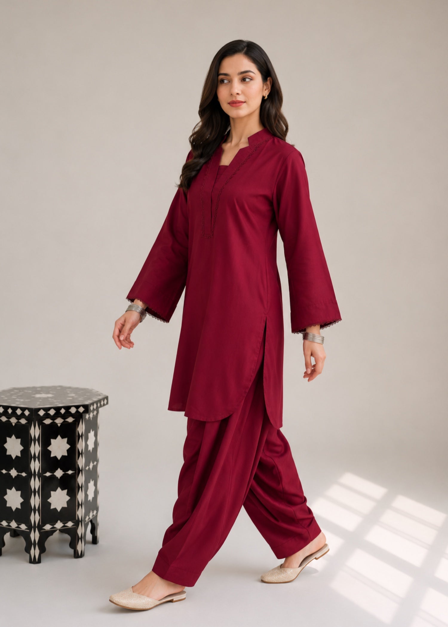 lawn cotton Co Ord Sets in Maroon