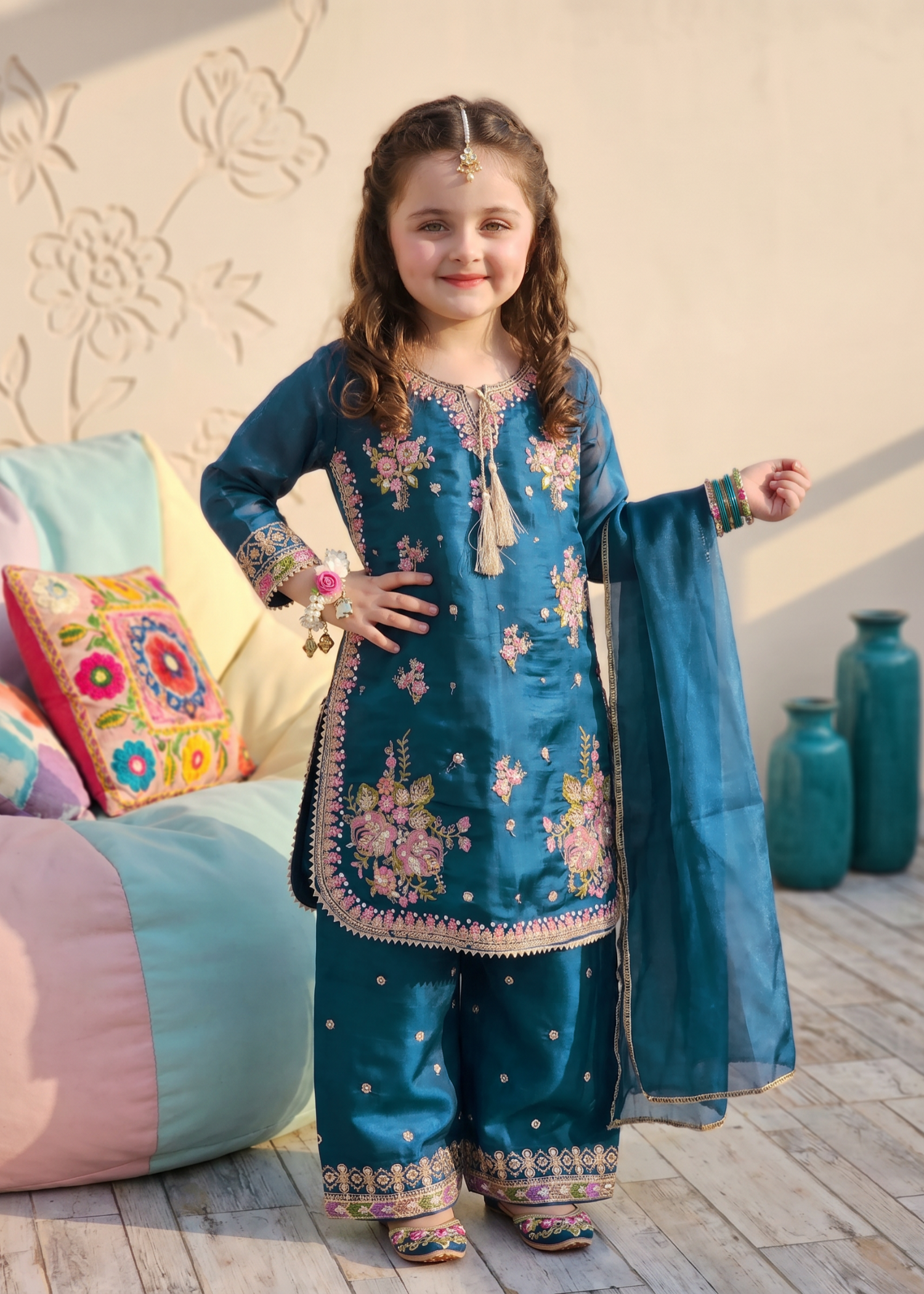 tissue silk Kurta Set in Teal