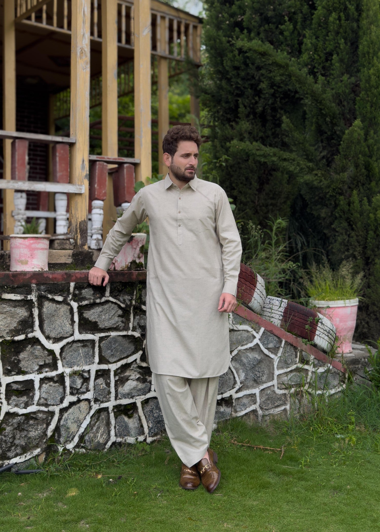 blended karandi Shalwar Kameez in Ivory