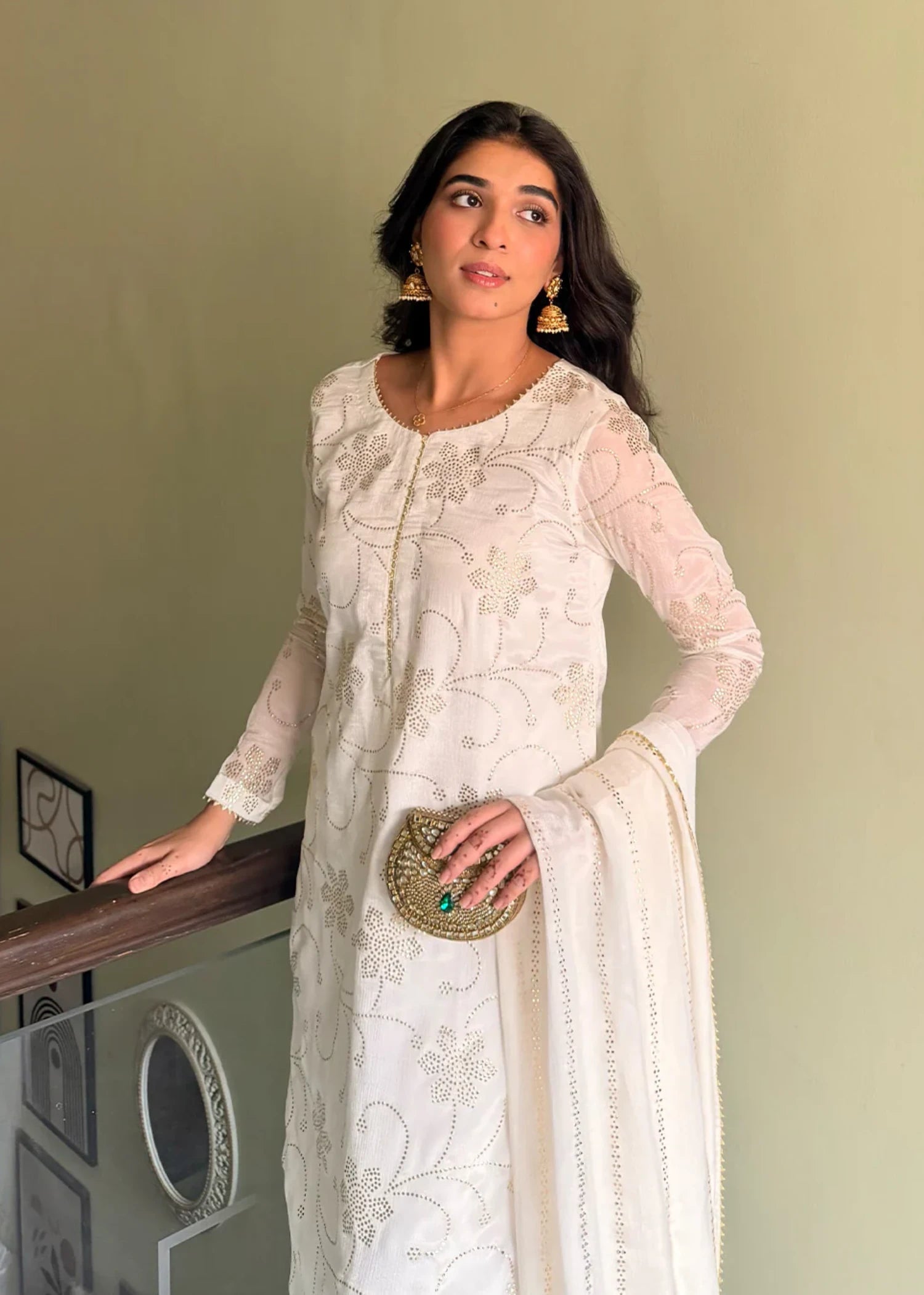 chiffon Kurta Set in Off-white, gold