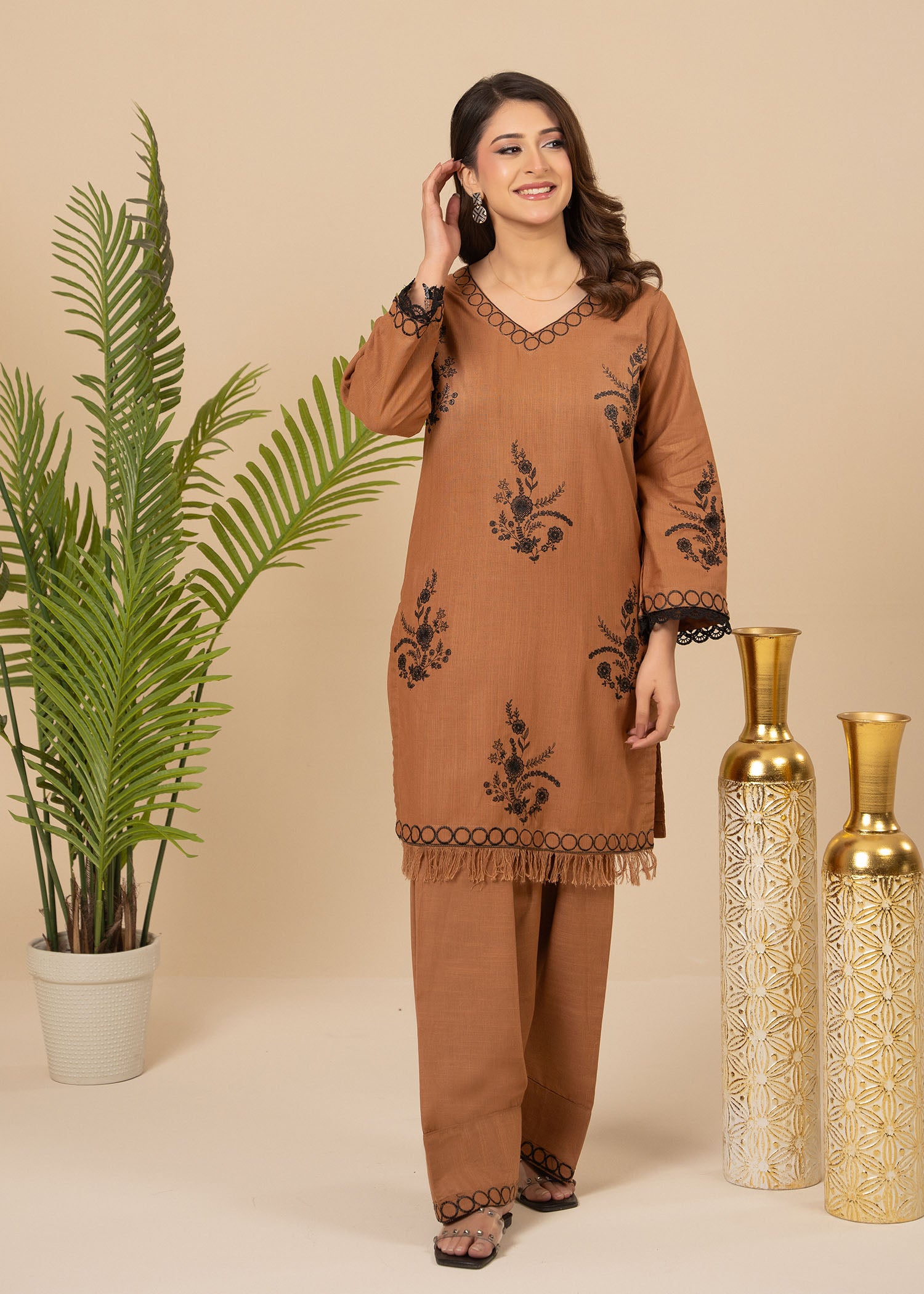 slub khaddar Kurta Set in Camel brown