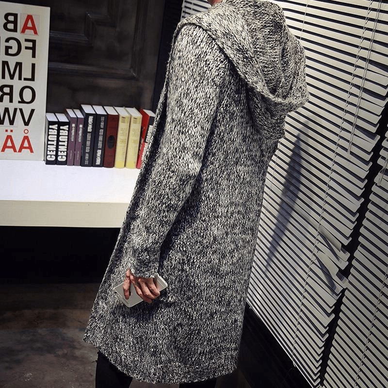 Men'S Hooded Mohair Loose Long Sweater Cardigan Fashion Pocket Knit Sweater Jacket
