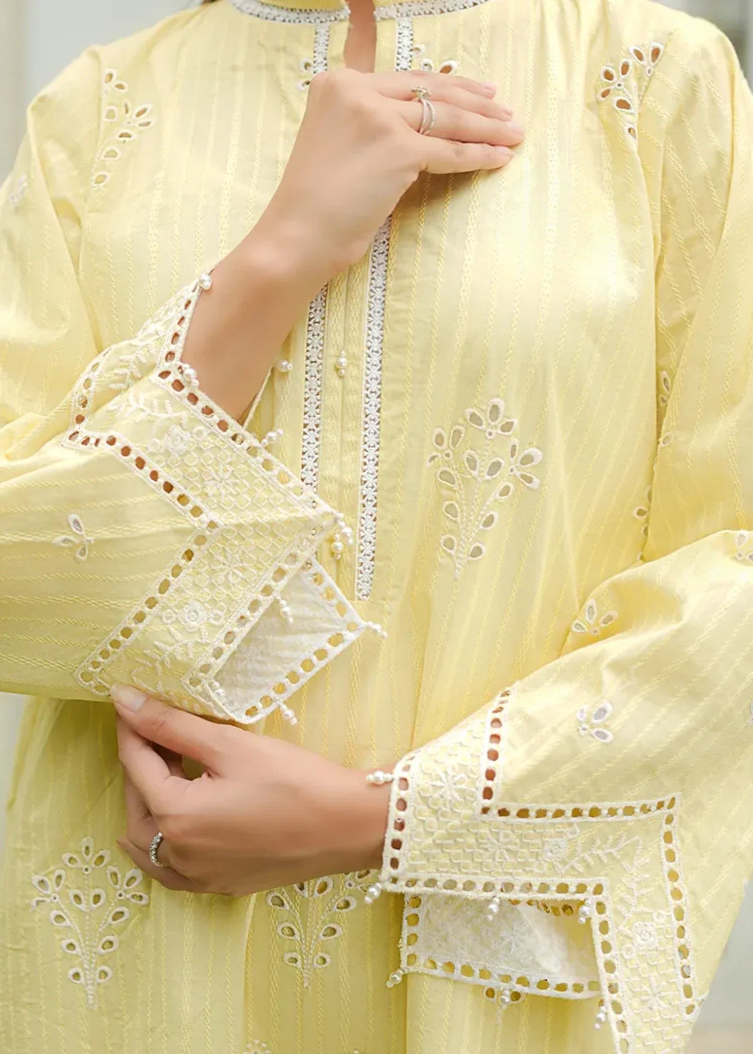 textured lawn Kurta Set in Yellow