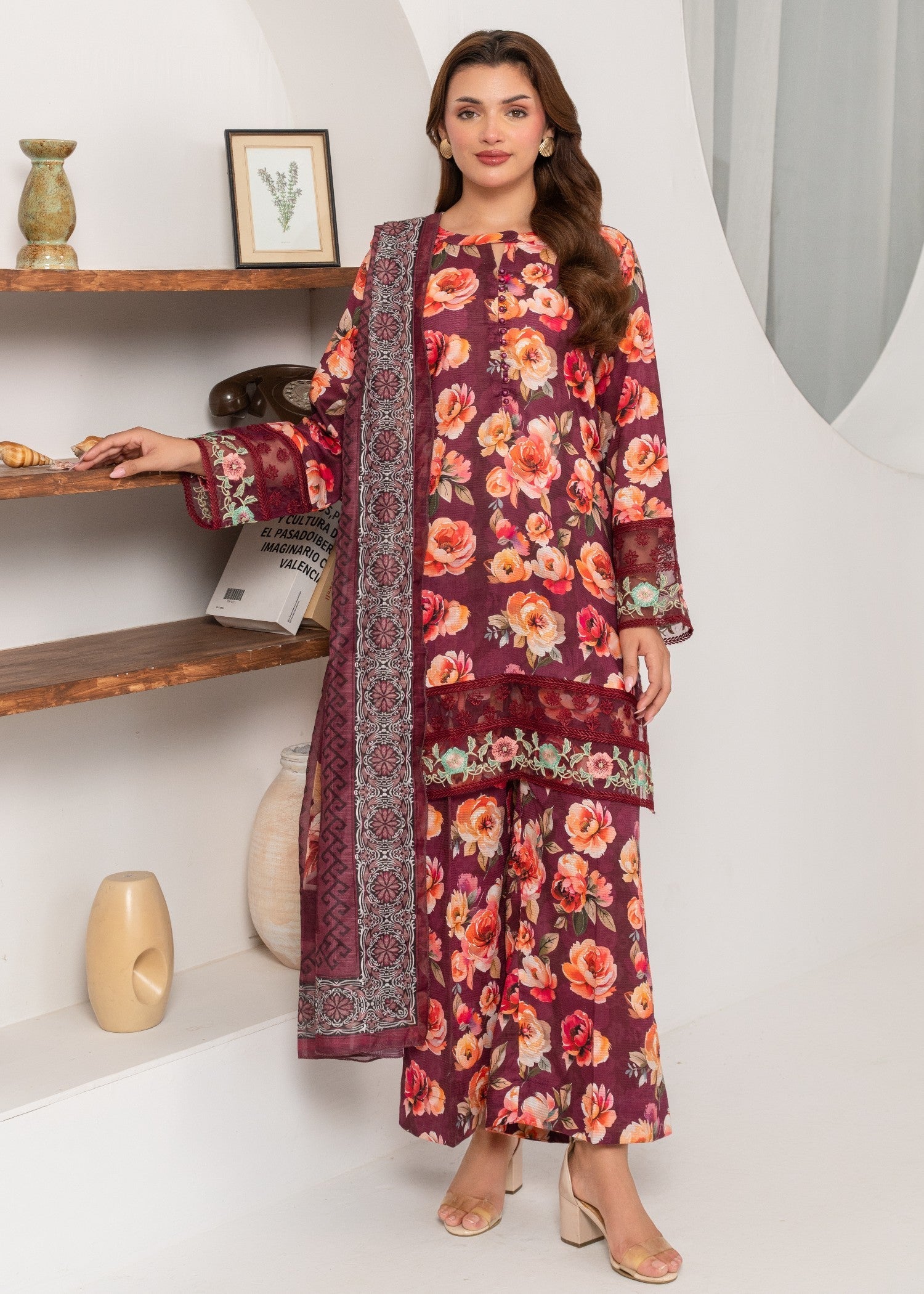 textured lawn Kurta Set in Maroon