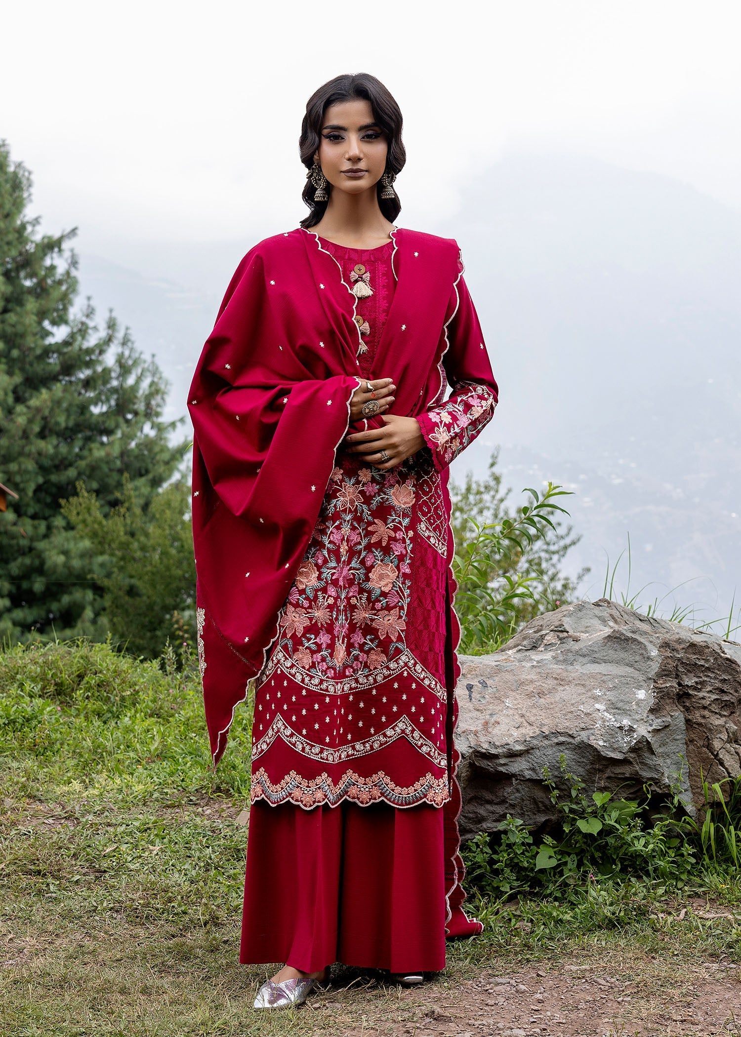 khaddar Kurta Set in Hot pink red