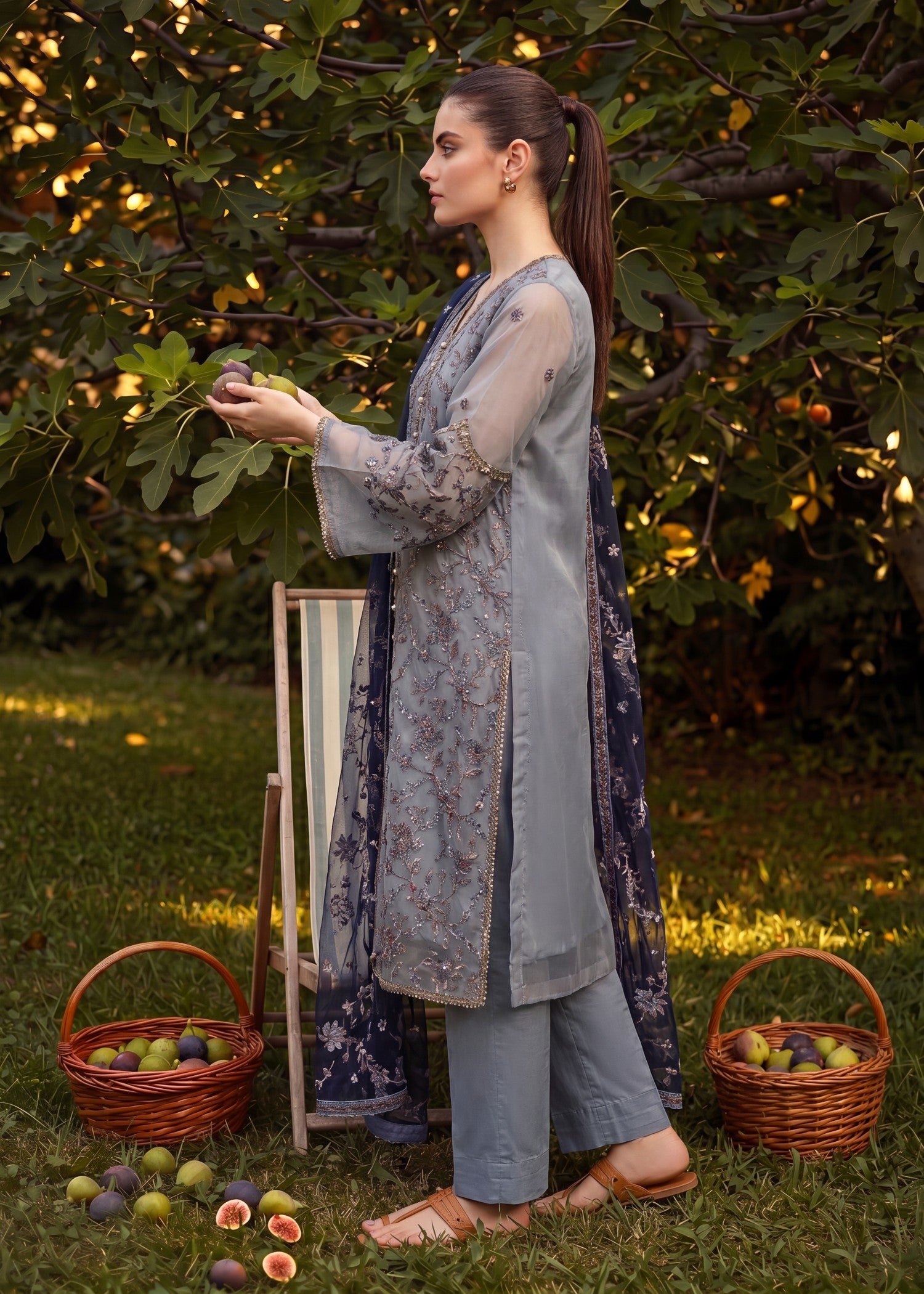 organza Kurta Set in Cool grey