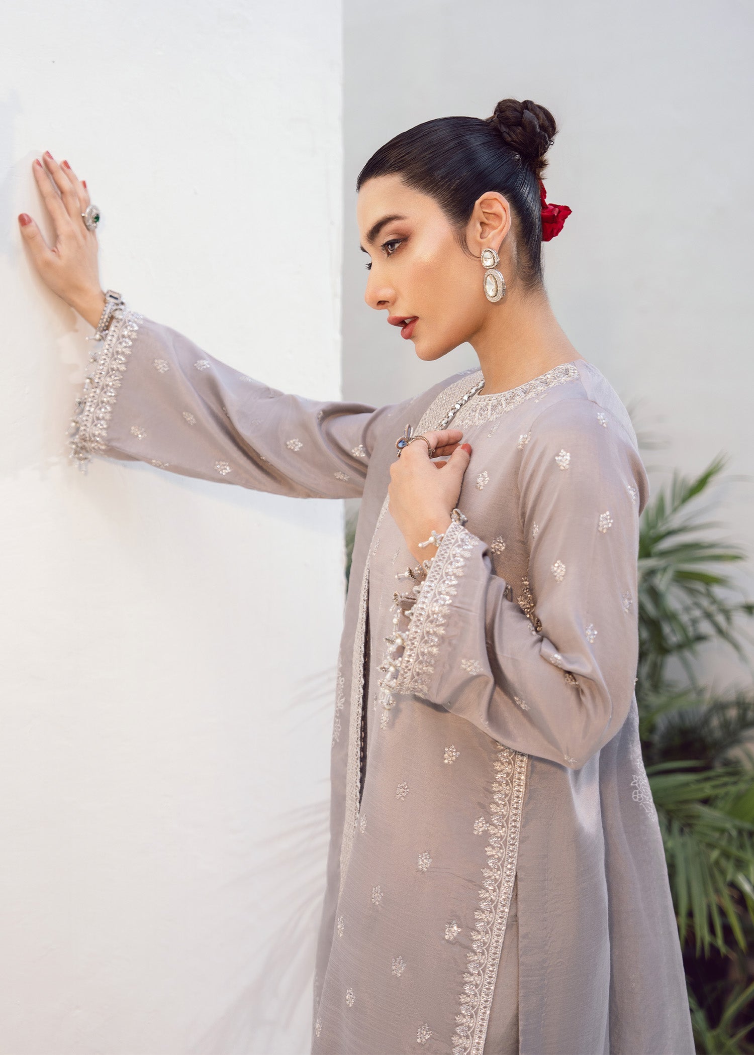 raw silk Kurta Set in Ash grey