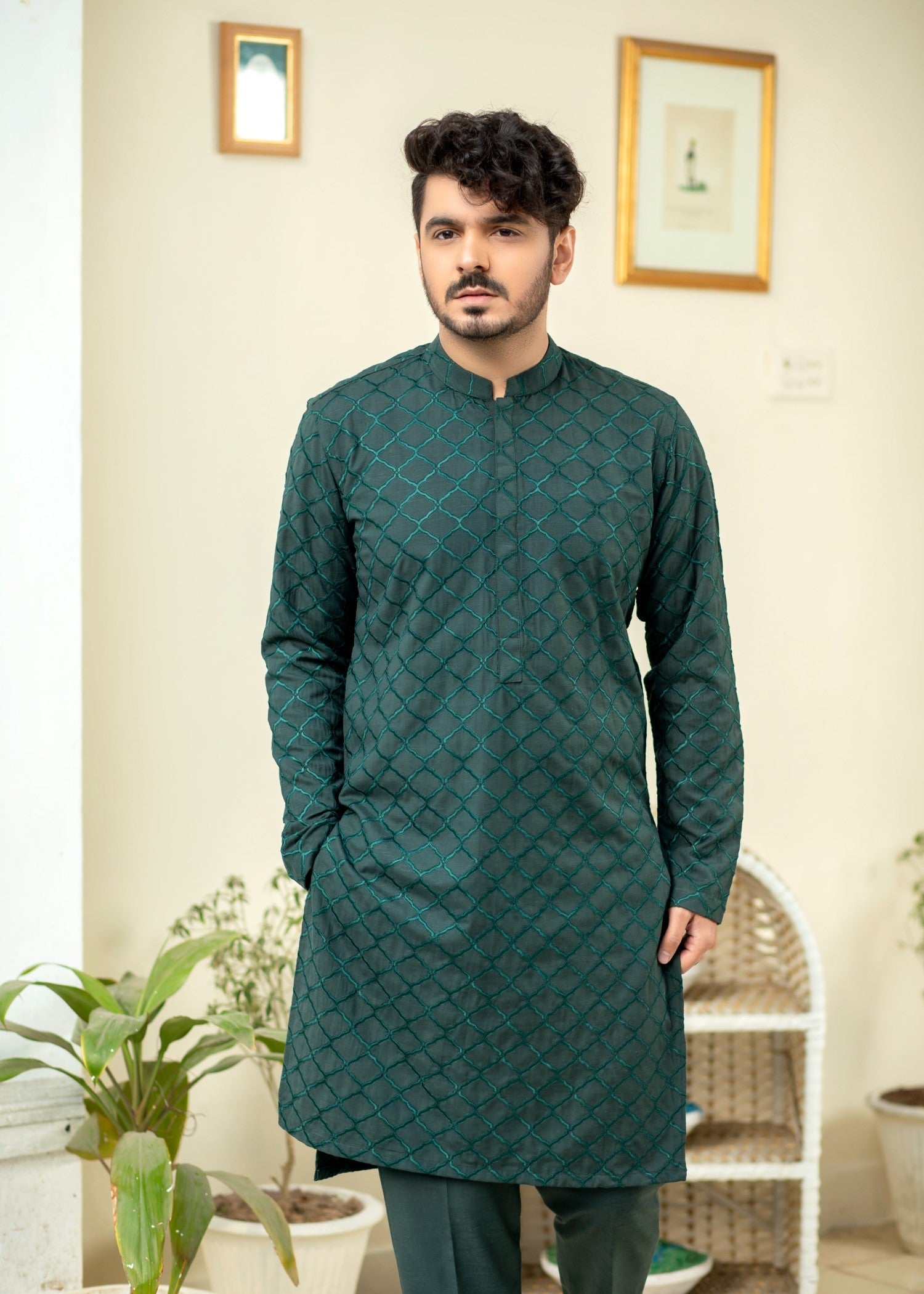 wash & wear Kurta Set in Green by Ahmad Raza